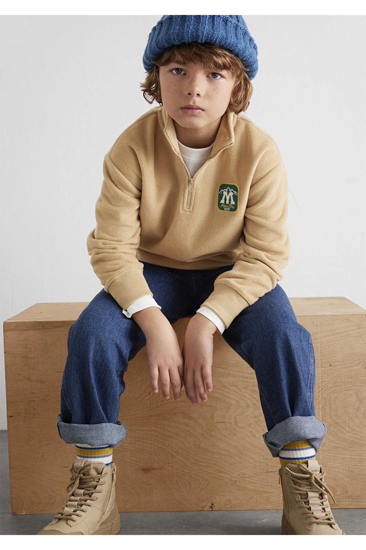 Yarı Fermuarlı Logo Bej Sweatshirt Loose Fit / Bol Rahat Kesim 6S10153-83859