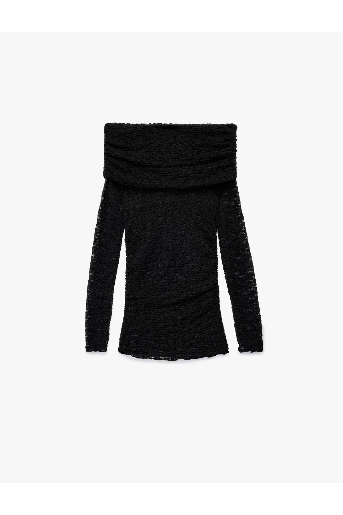 Yarı Transparan Drape Detaylı Uzun Kollu Açık Omuz Dantelli Bluz