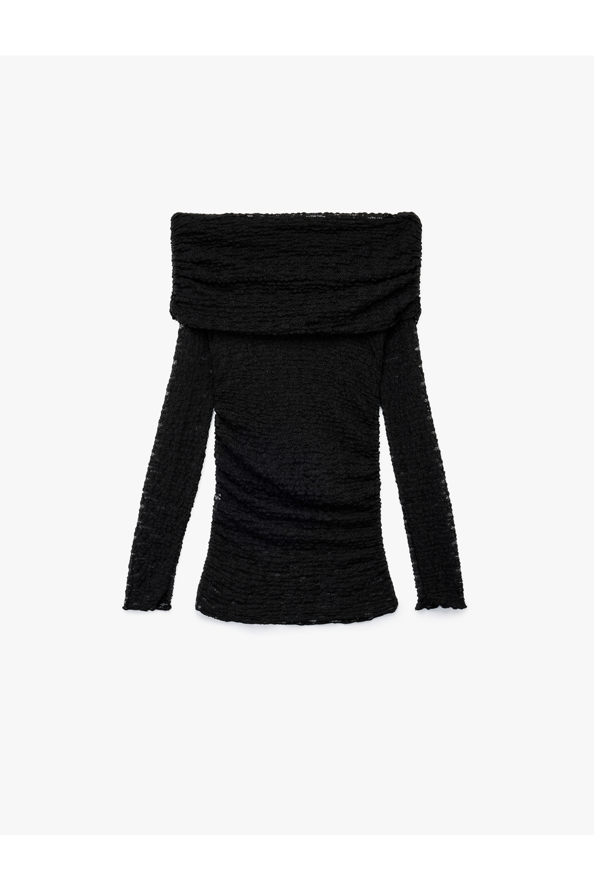 Yarı Transparan Drape Detaylı Uzun Kollu Açık Omuz Dantelli Bluz