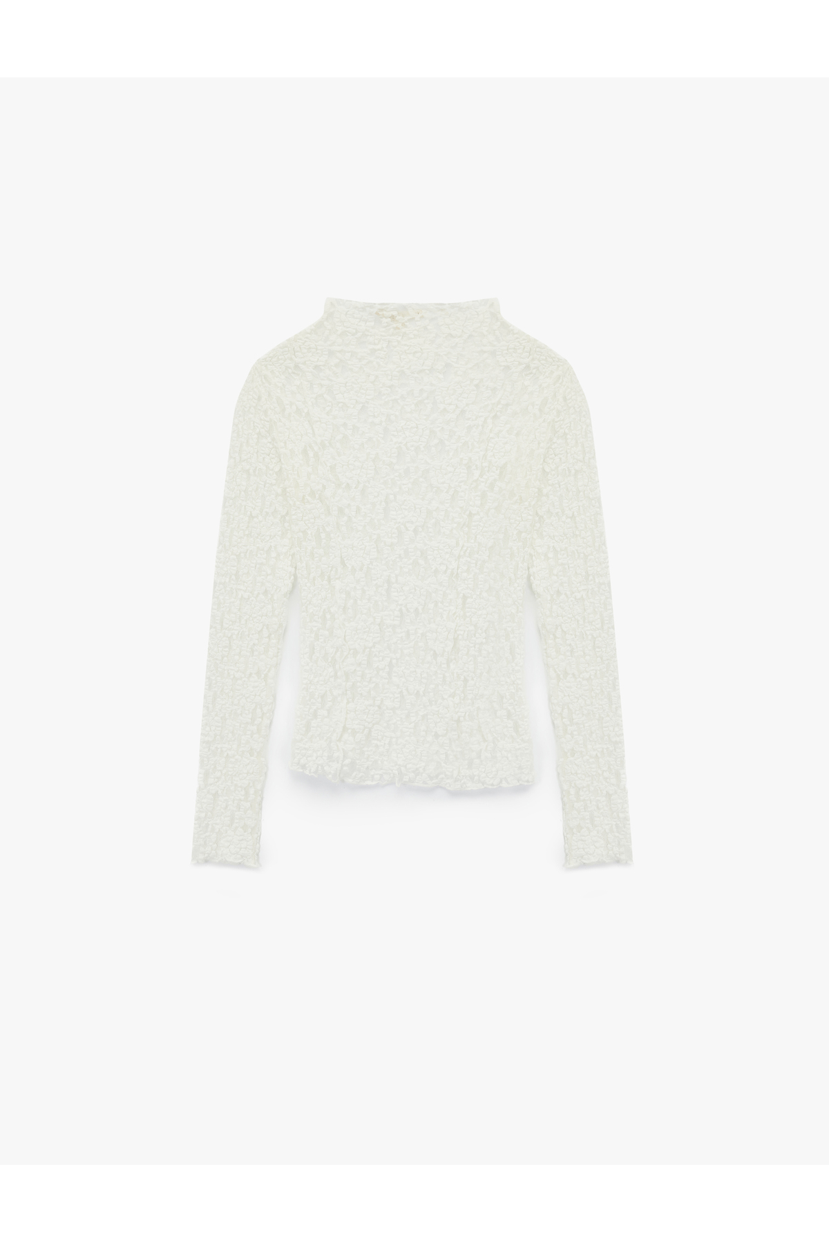 Yarı Transparan Slim Fit Fırfır Detaylı Uzun Kollu Dantel Bluz