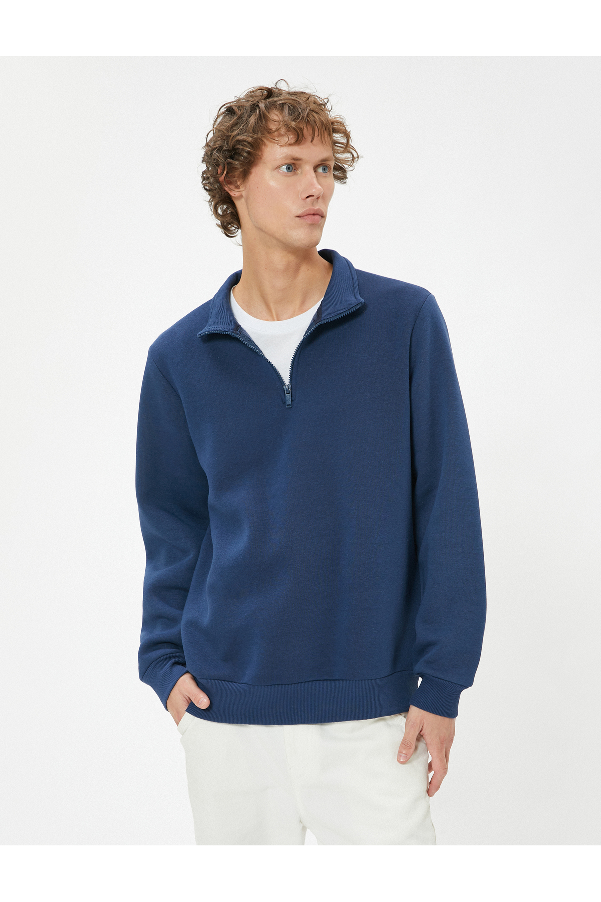 Yarım Fermuarlı Yaka Basic Şardonlu Pamuk Karışımlı Uzun Kollu Sweatshirt