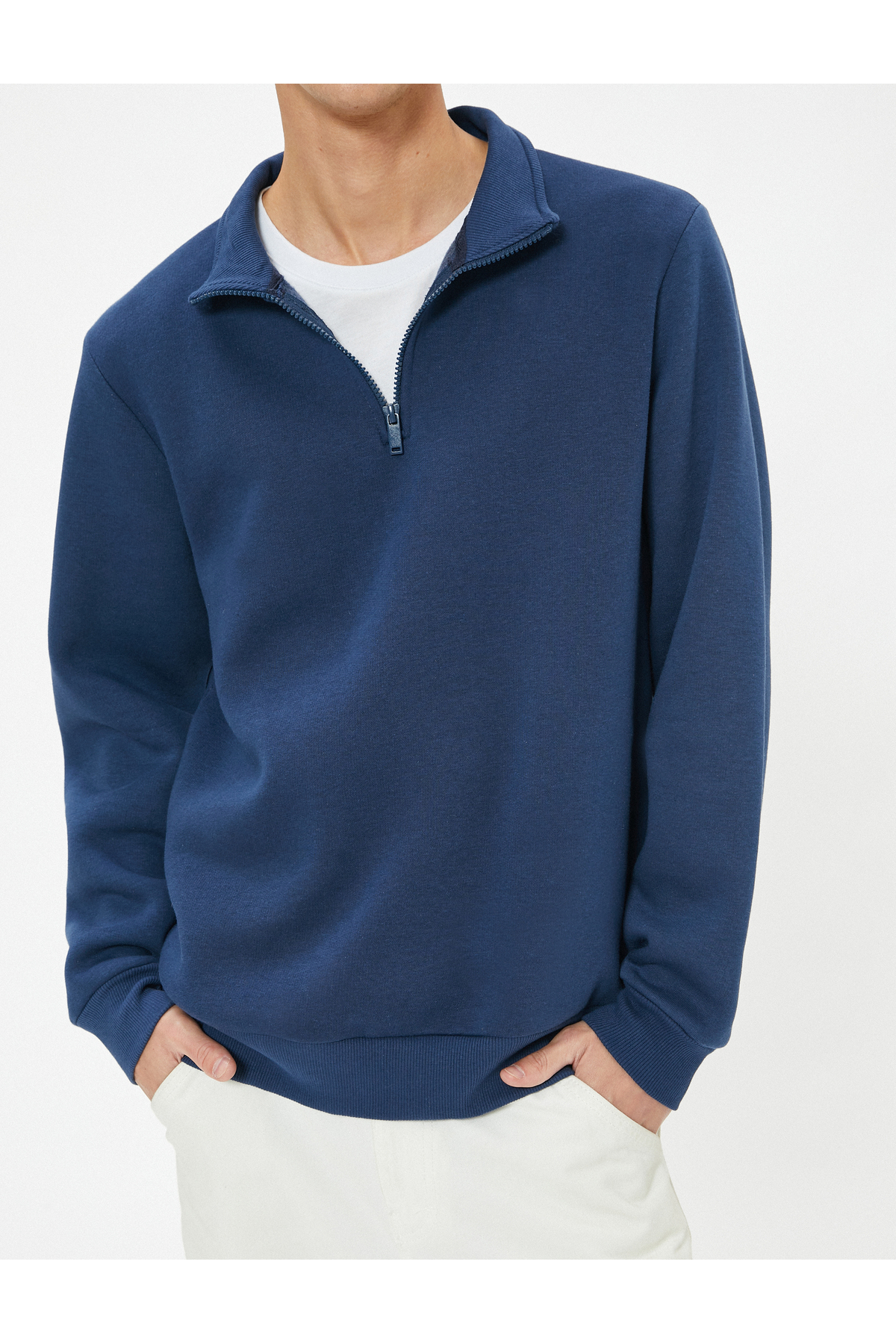 Yarım Fermuarlı Yaka Basic Şardonlu Pamuk Karışımlı Uzun Kollu Sweatshirt