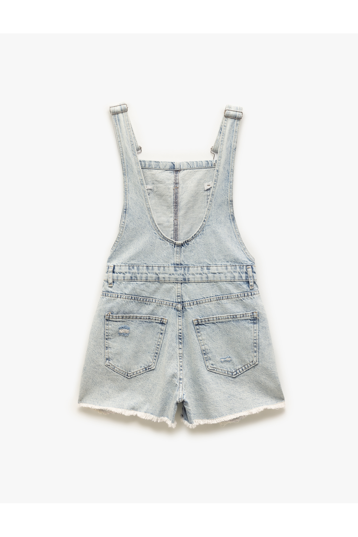 Yıpratma Detaylı Cepli Rahat Kesim Mini Askılı Denim Şort Salopet