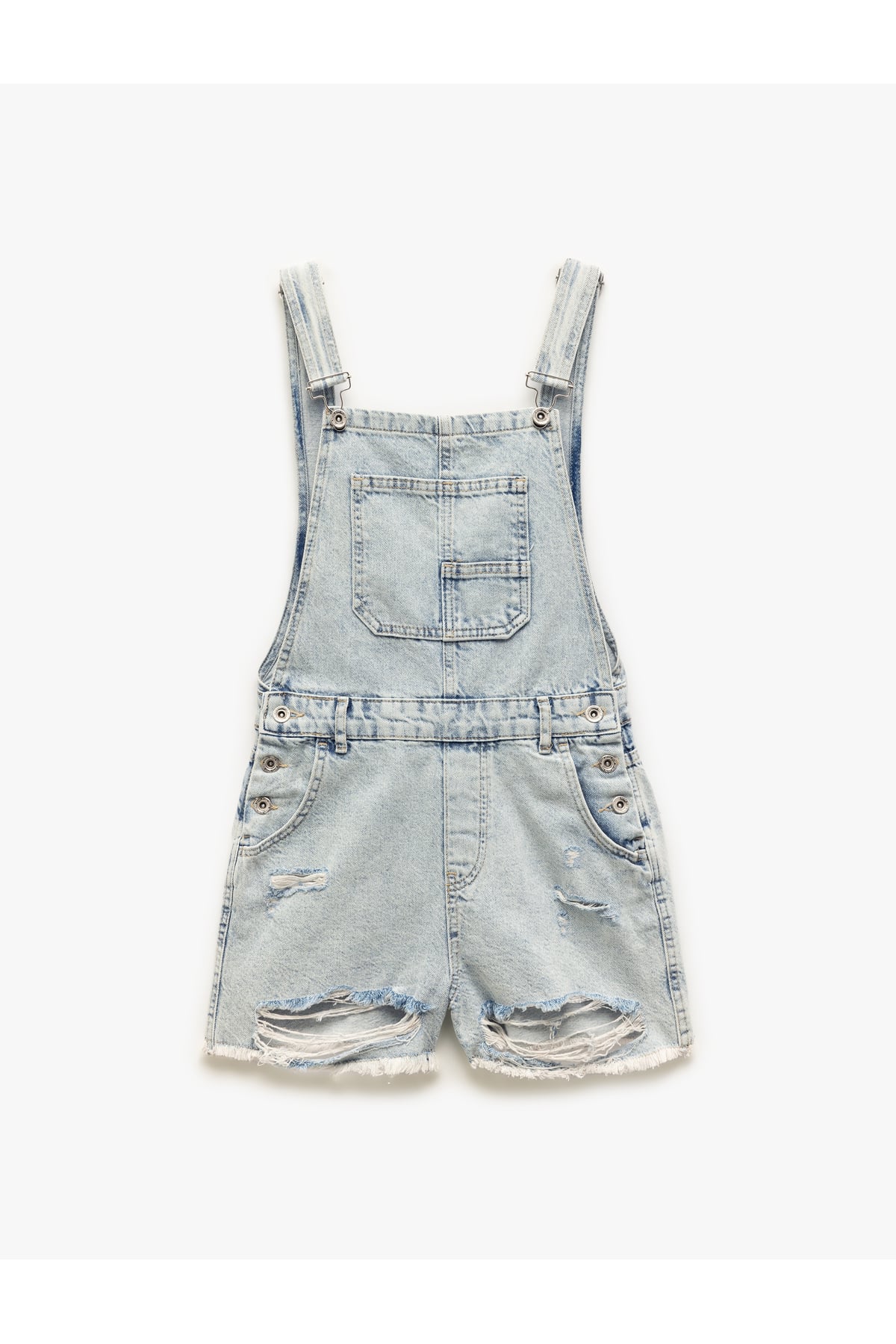 Yıpratma Detaylı Cepli Rahat Kesim Mini Askılı Denim Şort Salopet