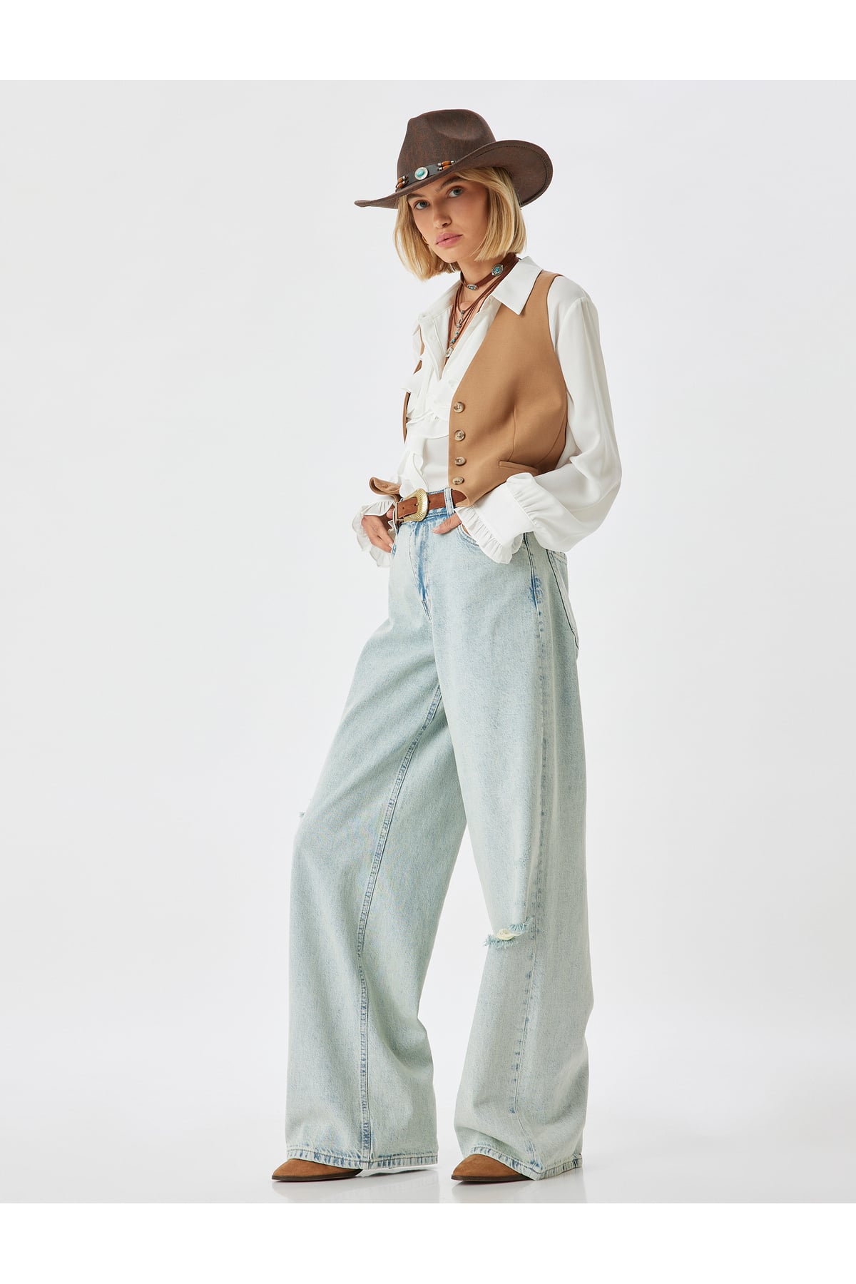 Yırtık Kot Pantolon Düşük Bel Düğmeli Bol Paça Pamuklu - Loose Straight Fit Jean