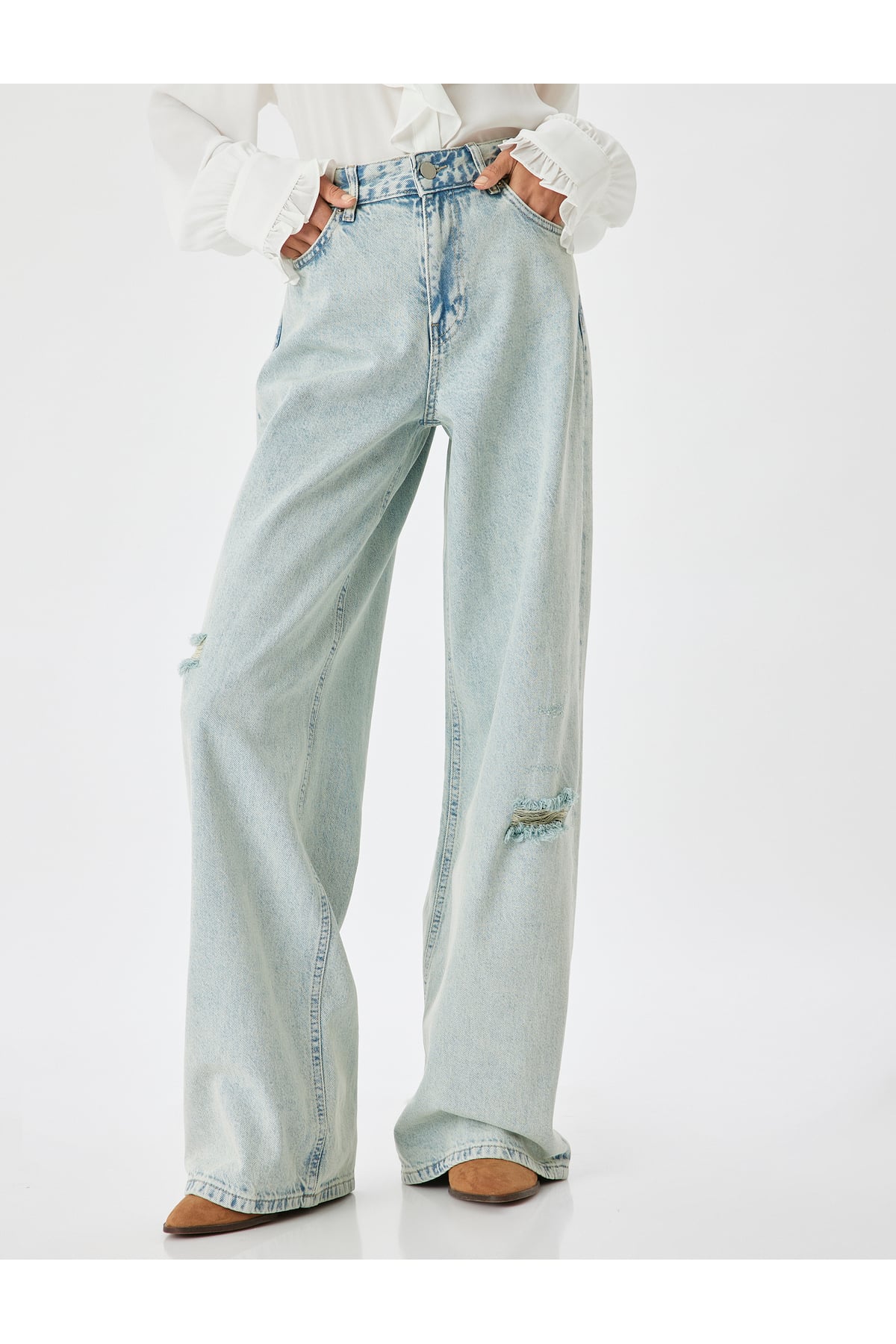 Yırtık Kot Pantolon Düşük Bel Düğmeli Bol Paça Pamuklu - Loose Straight Fit Jean