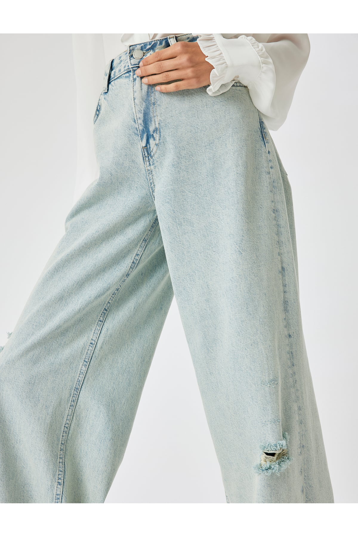 Yırtık Kot Pantolon Düşük Bel Düğmeli Bol Paça Pamuklu - Loose Straight Fit Jean