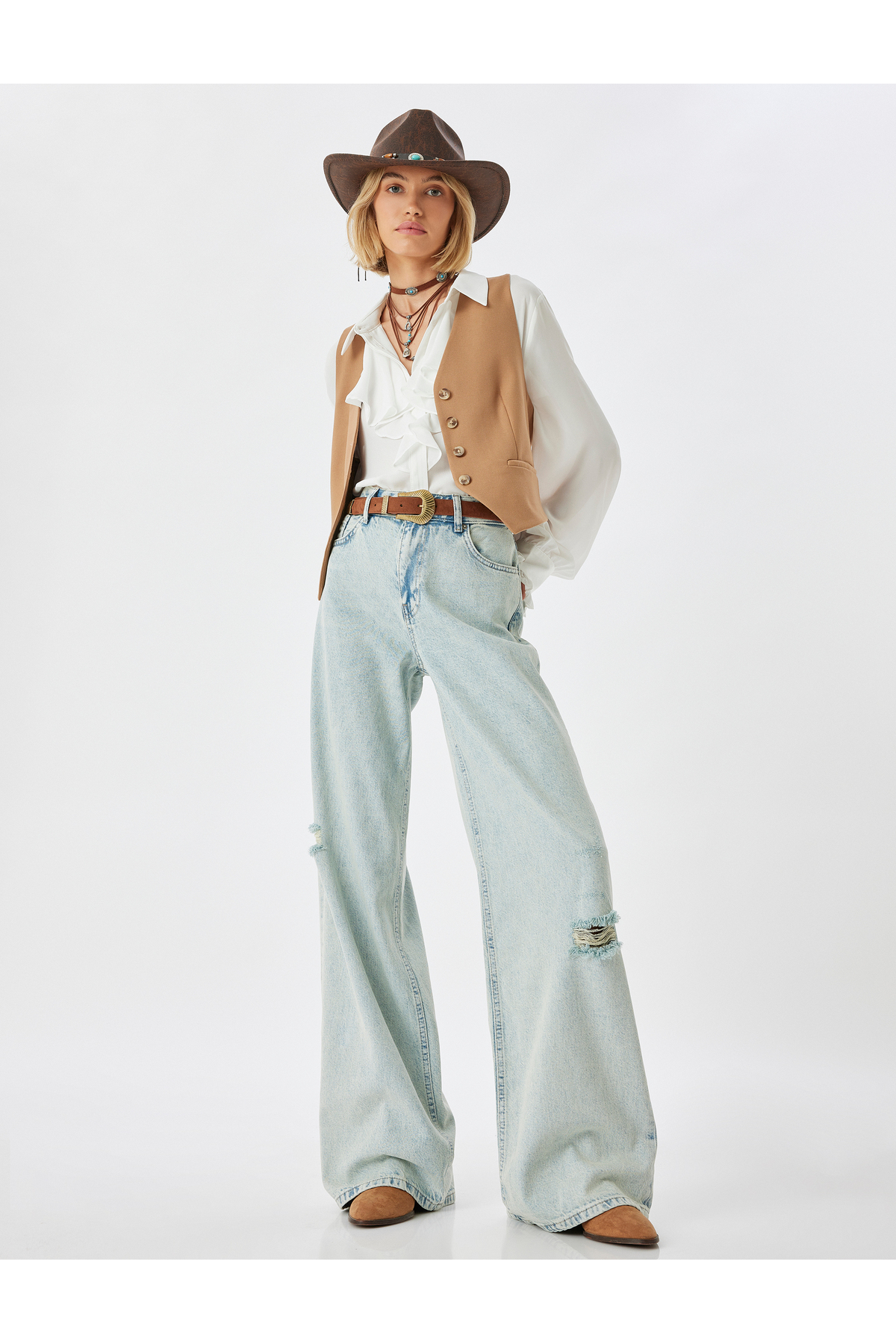Yırtık Kot Pantolon Düşük Bel Düğmeli Bol Paça Pamuklu - Loose Straight Fit Jean