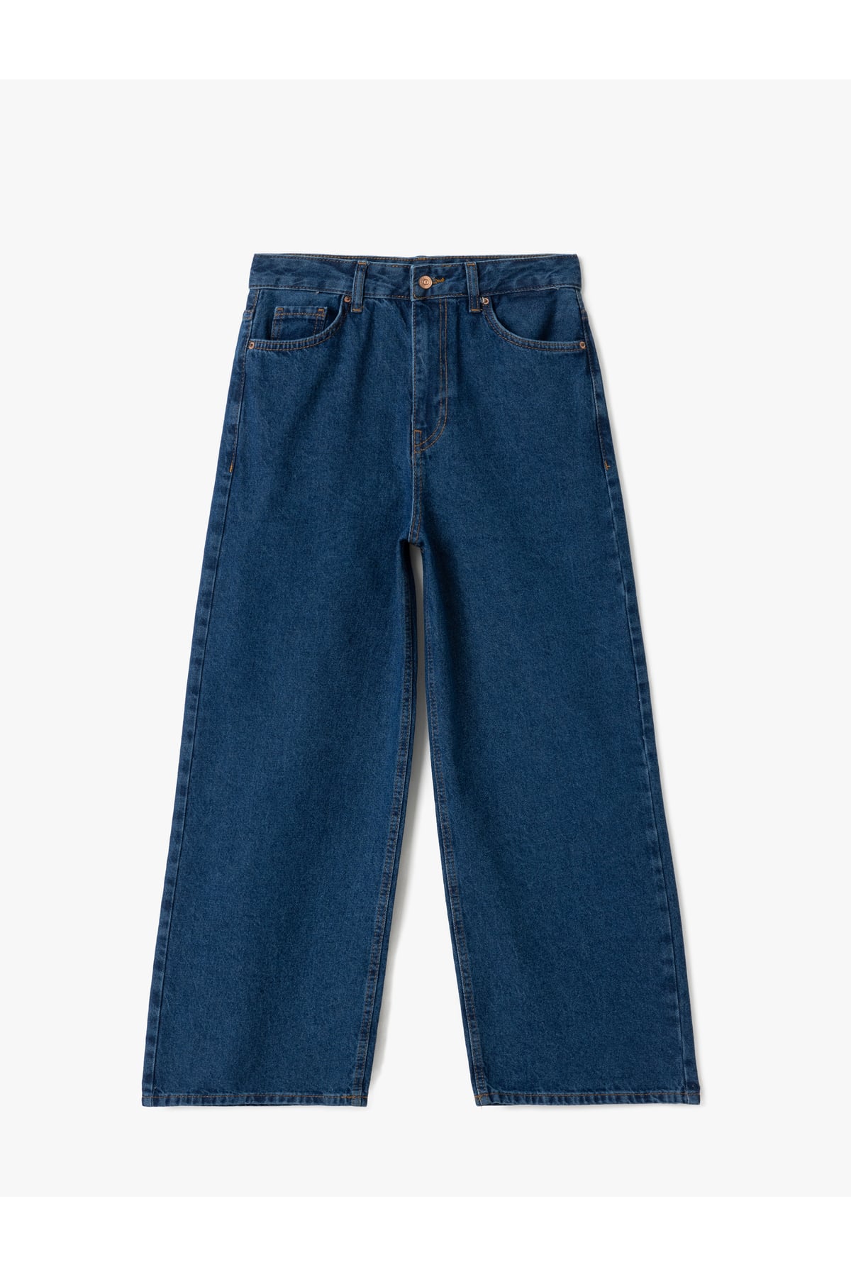 Yüksek Bel Düğmeli Cepli Kısa Geniş Paça Denim Pantolon - Crop Wide Leg Jeans