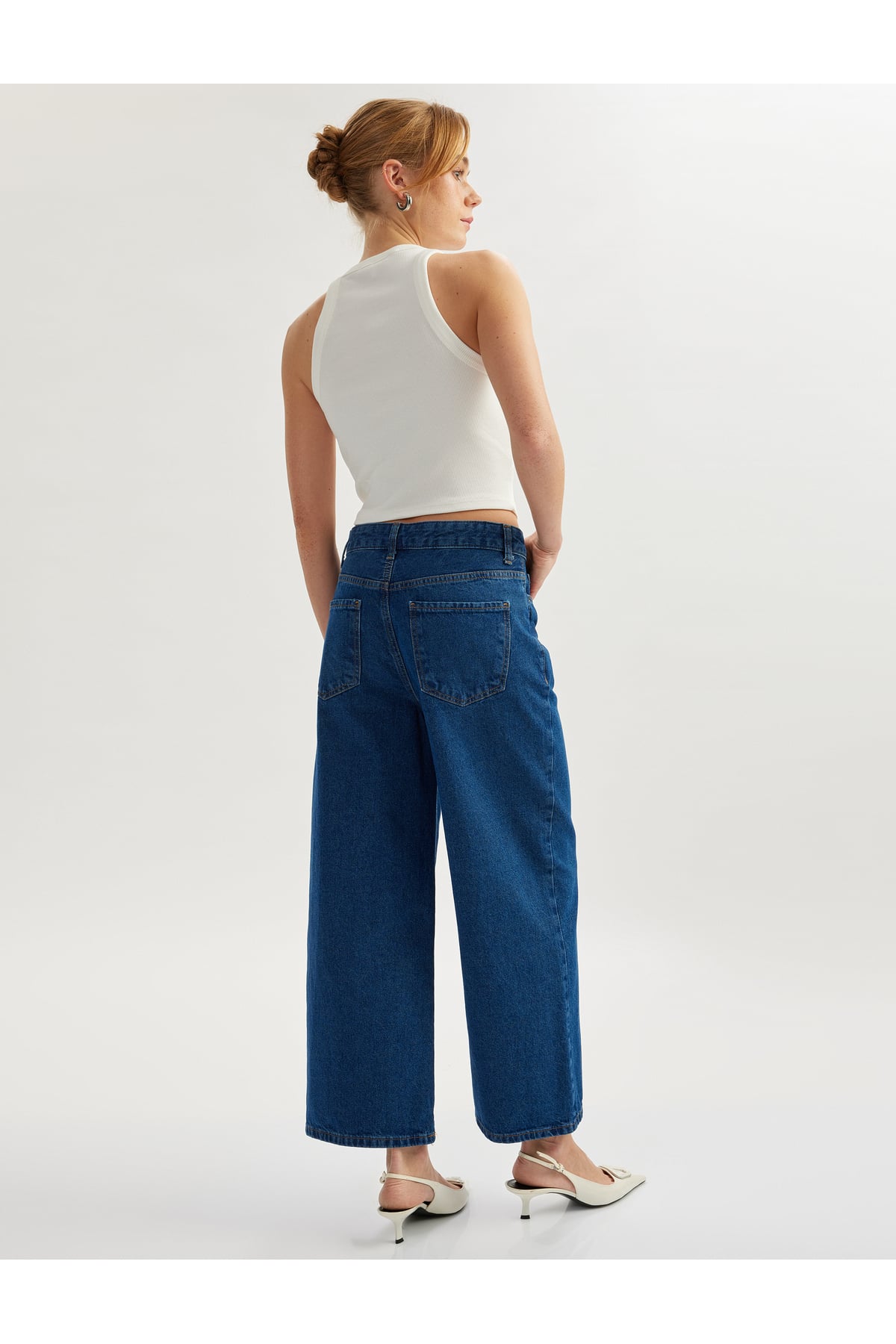 Yüksek Bel Düğmeli Cepli Kısa Geniş Paça Denim Pantolon - Crop Wide Leg Jeans
