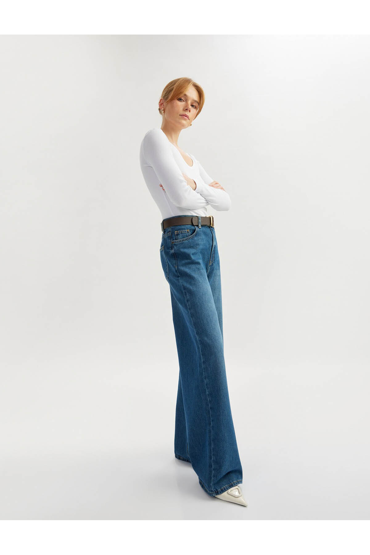 Yüksek Bel Düğmeli Geniş Paça Cepli Kot Pantolon - Wide Leg Jeans