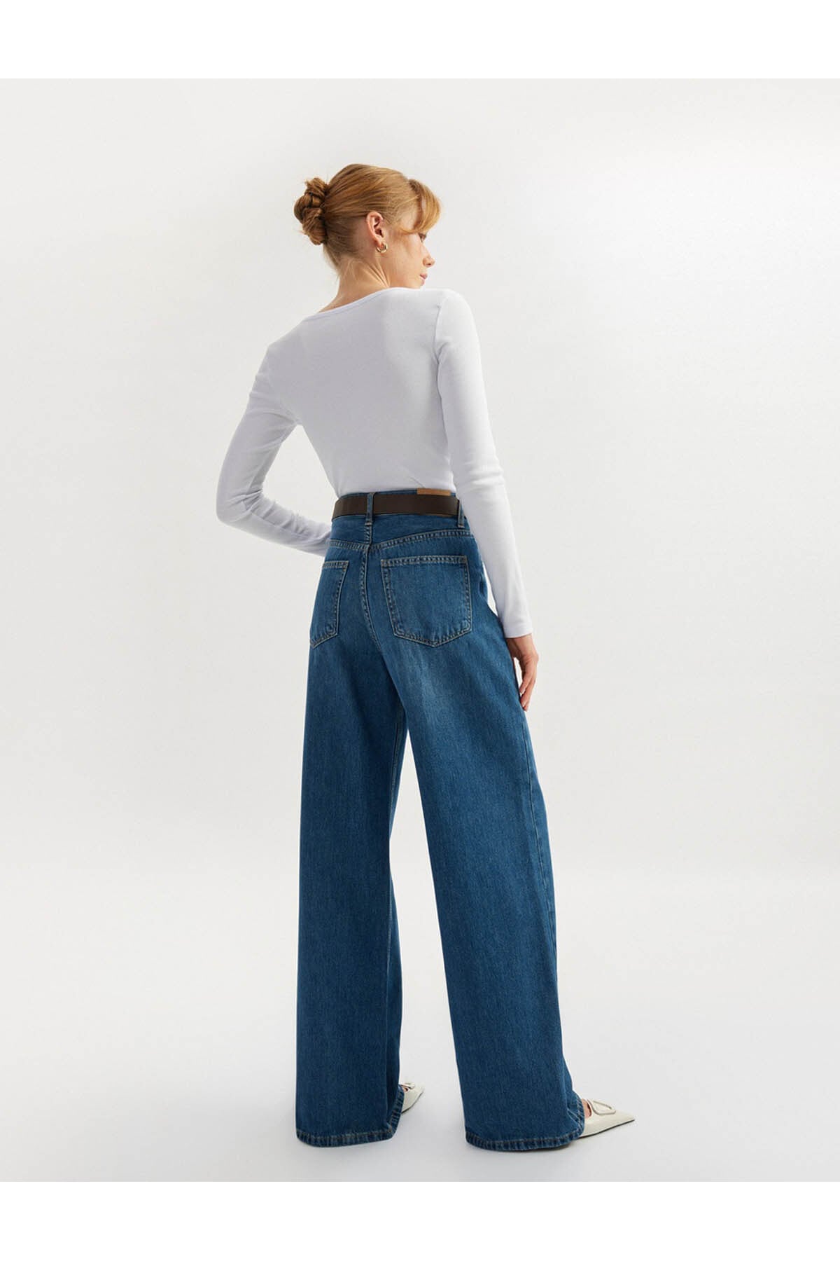 Yüksek Bel Düğmeli Geniş Paça Cepli Kot Pantolon - Wide Leg Jeans