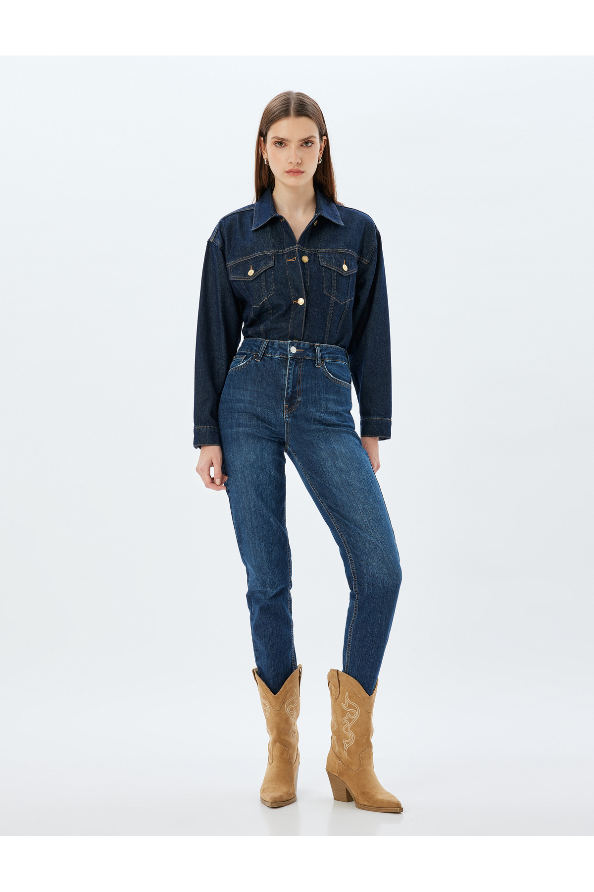 Yüksek Bel Kot Pantolon Düz Paça Düğmeli Cepli Pamuklu - Slim Straight Fit Jeans