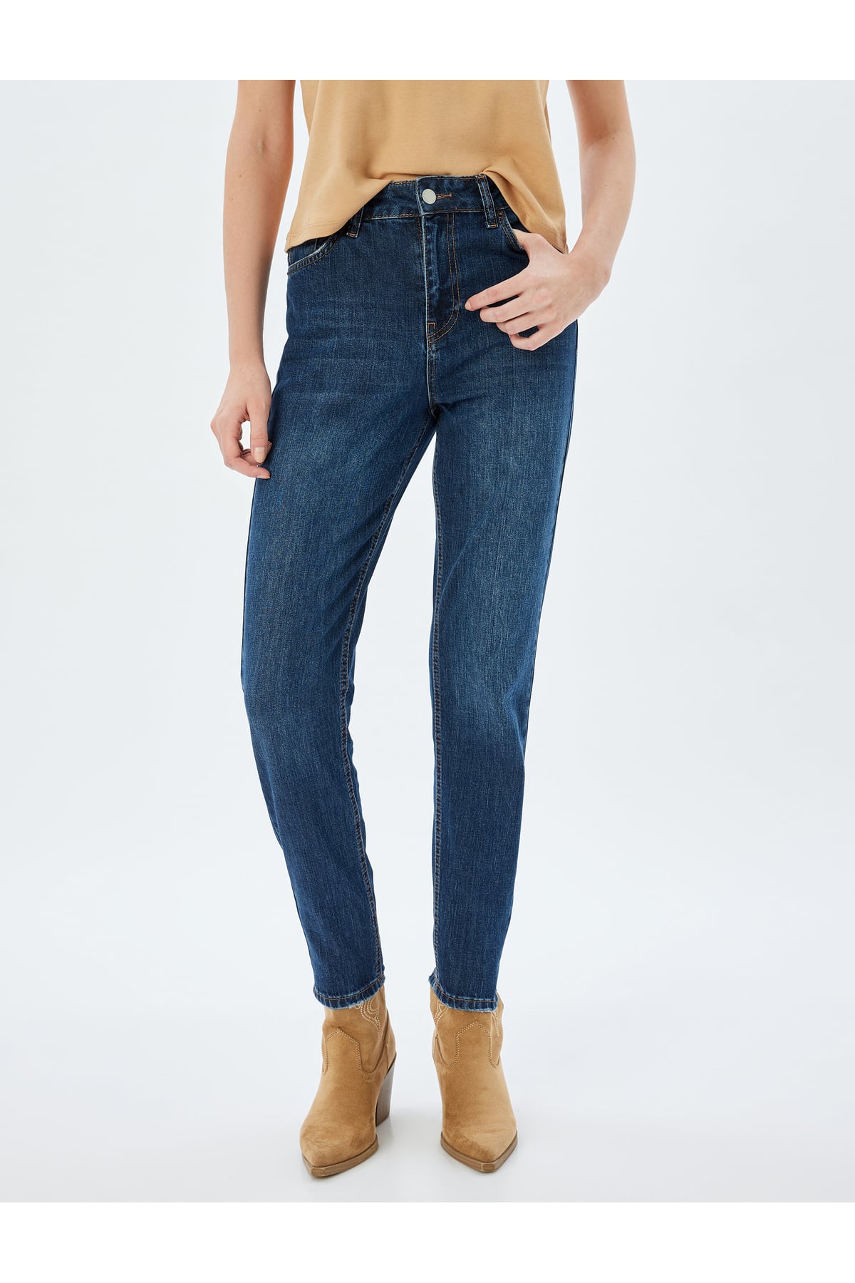 Yüksek Bel Kot Pantolon Düz Paça Düğmeli Cepli Pamuklu - Slim Straight Fit Jeans