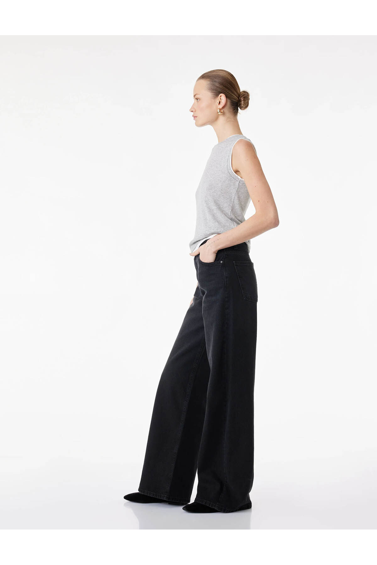 Yüksek Bel Pamuklu Düğmeli Geniş Paça Denim Pantolon - Wide Leg Jeans
