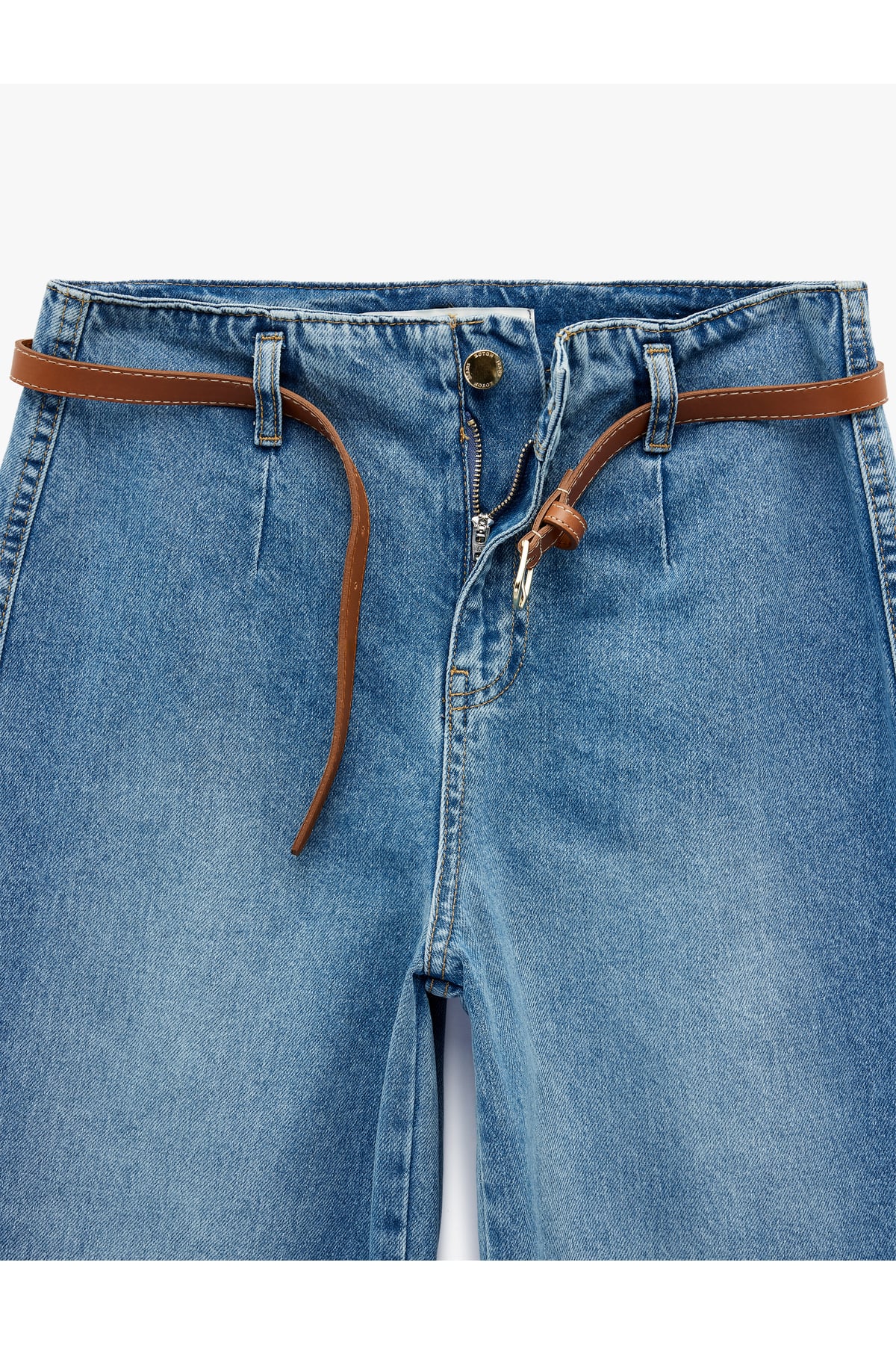Yüksek Bel Pamuklu Kemerli Kısa Geniş Paça Denim Pantolon - Wide Leg Jean