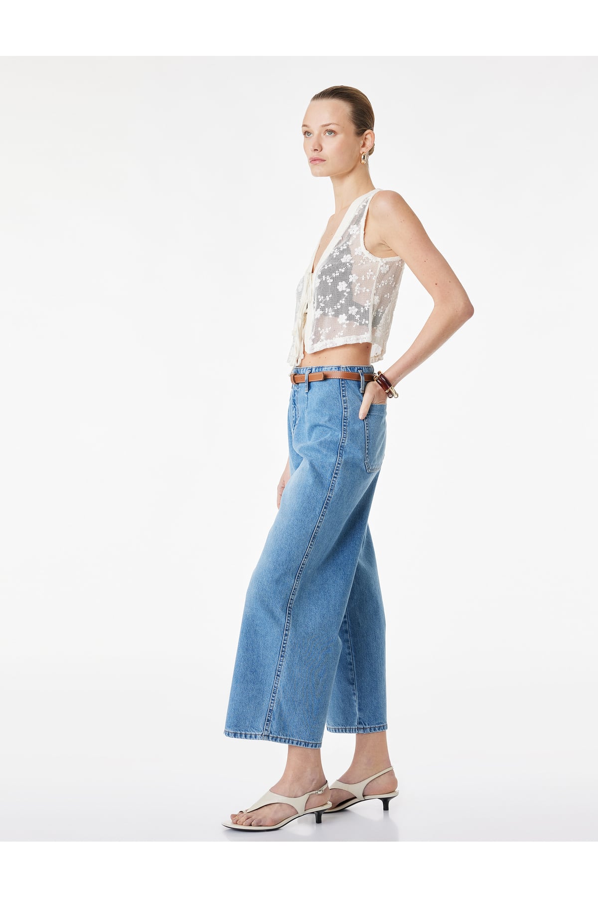 Yüksek Bel Pamuklu Kemerli Kısa Geniş Paça Denim Pantolon - Wide Leg Jean