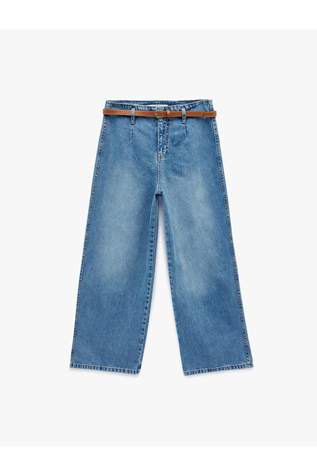 Yüksek Bel Pamuklu Kemerli Kısa Geniş Paça Denim Pantolon - Wide Leg Jean