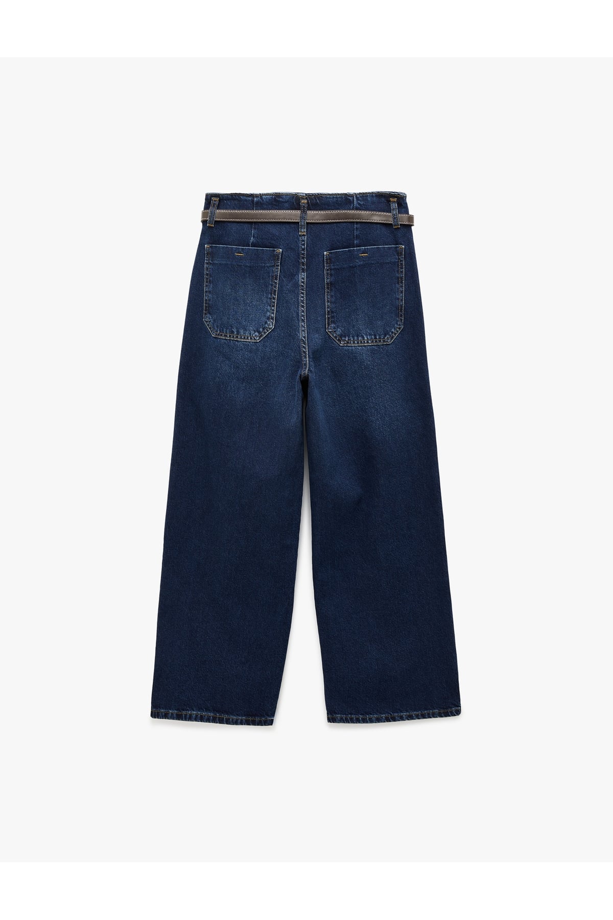 Yüksek Bel Pamuklu Kemerli Kısa Geniş Paça Denim Pantolon - Wide Leg Jean