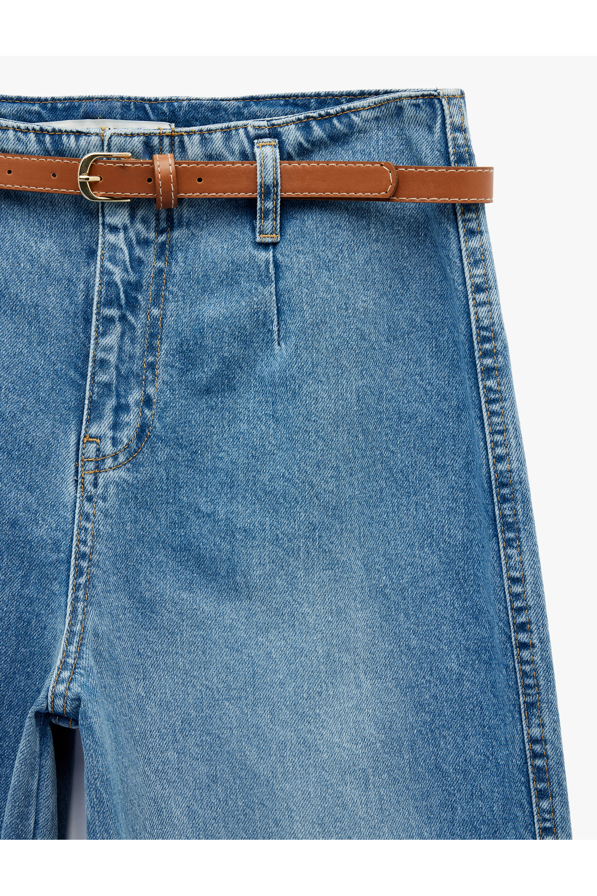 Yüksek Bel Pamuklu Kemerli Kısa Geniş Paça Denim Pantolon - Wide Leg Jean