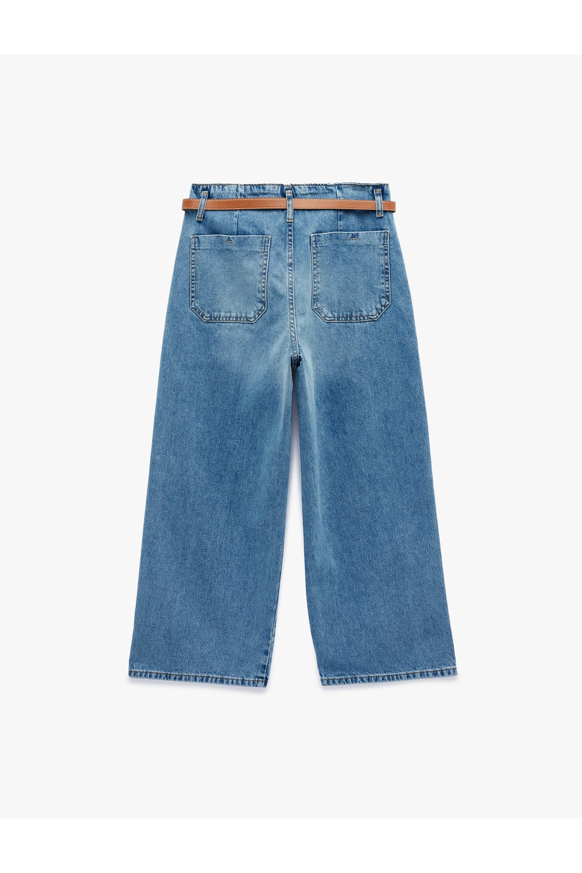 Yüksek Bel Pamuklu Kemerli Kısa Geniş Paça Denim Pantolon - Wide Leg Jean