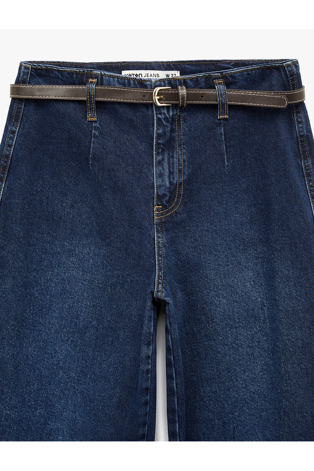 Yüksek Bel Pamuklu Kemerli Kısa Geniş Paça Denim Pantolon - Wide Leg Jean