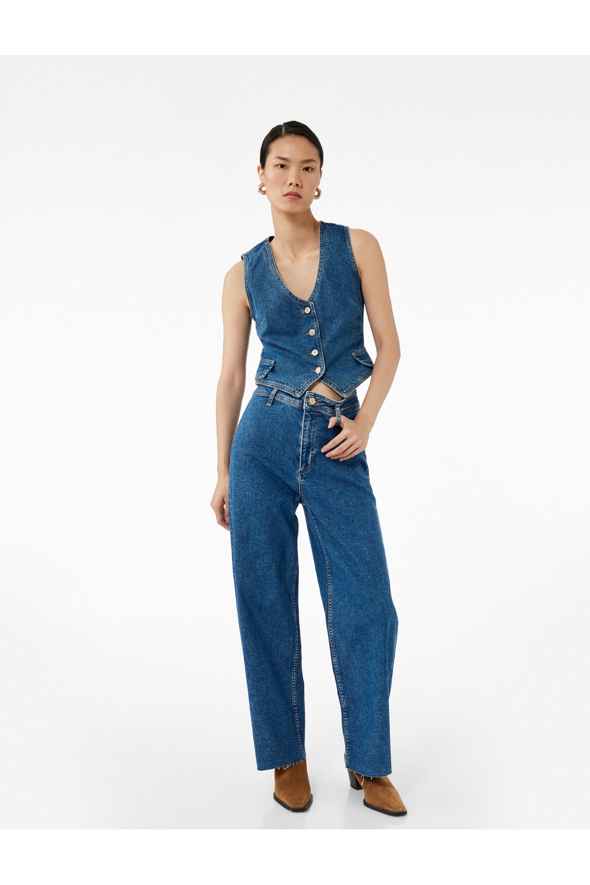 Yüksek Bel Rahat Kesim Geniş Paça Pamuklu Jean Pantolon - Culotte Jeans