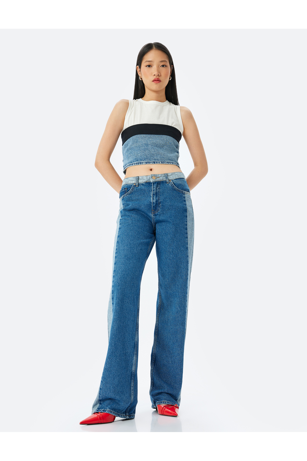 Yüksek Bel Renk Bloklu Düğmeli Kot Pantolon -  Straight Fit Jean