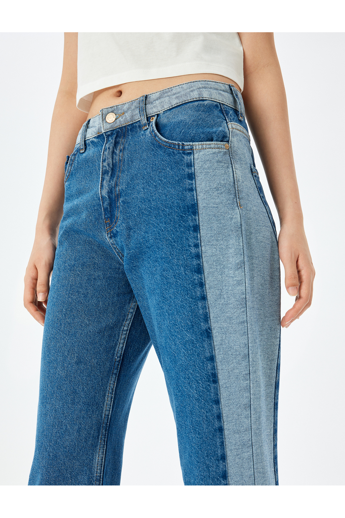 Yüksek Bel Renk Bloklu Düğmeli Kot Pantolon -  Straight Fit Jean