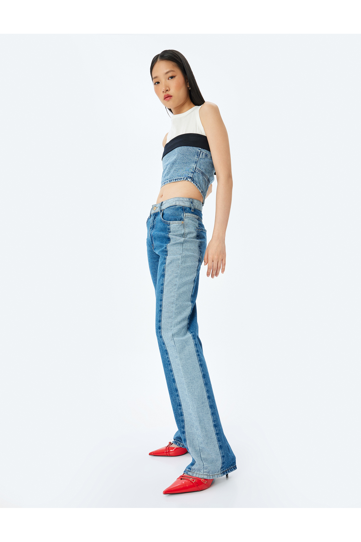 Yüksek Bel Renk Bloklu Düğmeli Kot Pantolon -  Straight Fit Jean