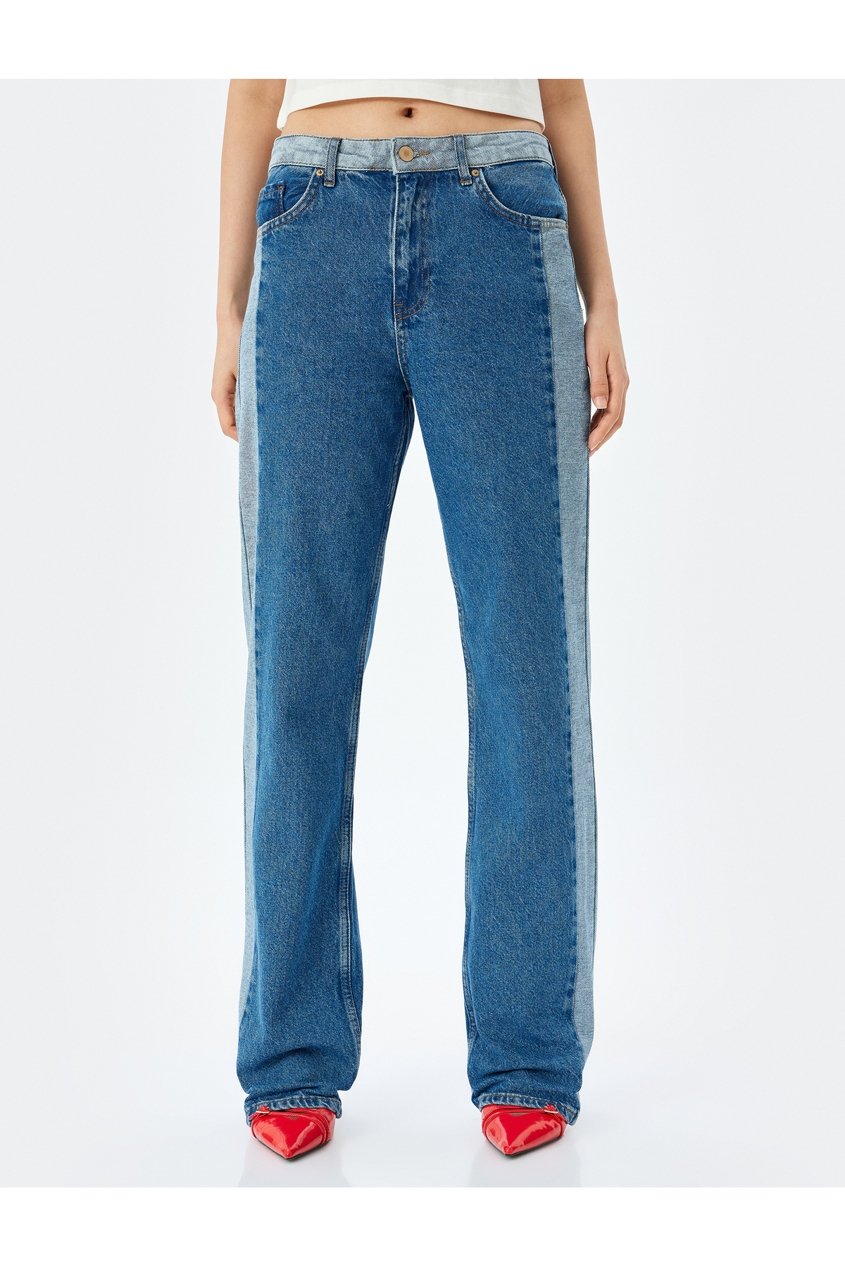 Yüksek Bel Renk Bloklu Düğmeli Kot Pantolon -  Straight Fit Jean