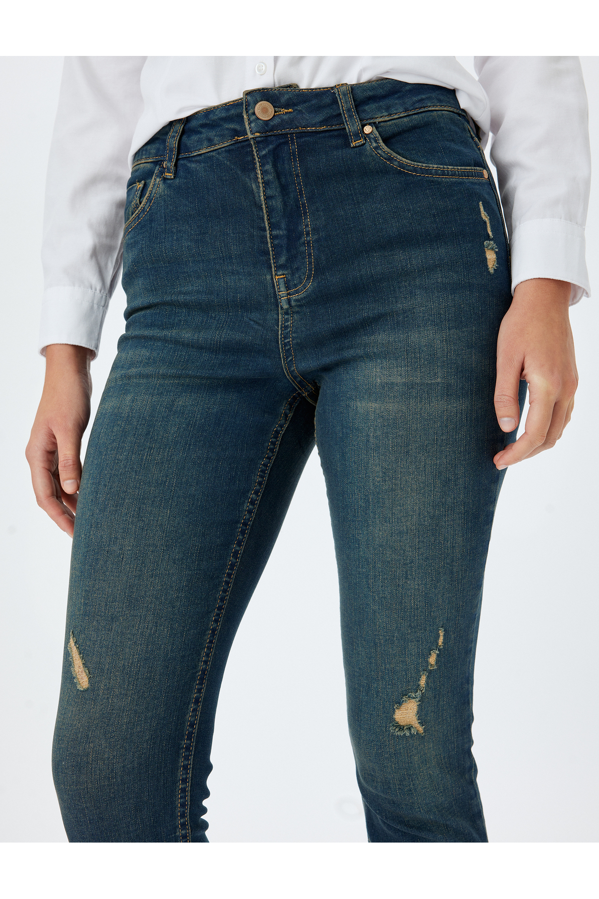 Yüksek Bel Skinny Fit Dar Paça Cepli Düğmeli Kot Pantolon - Skinny Fit Jean