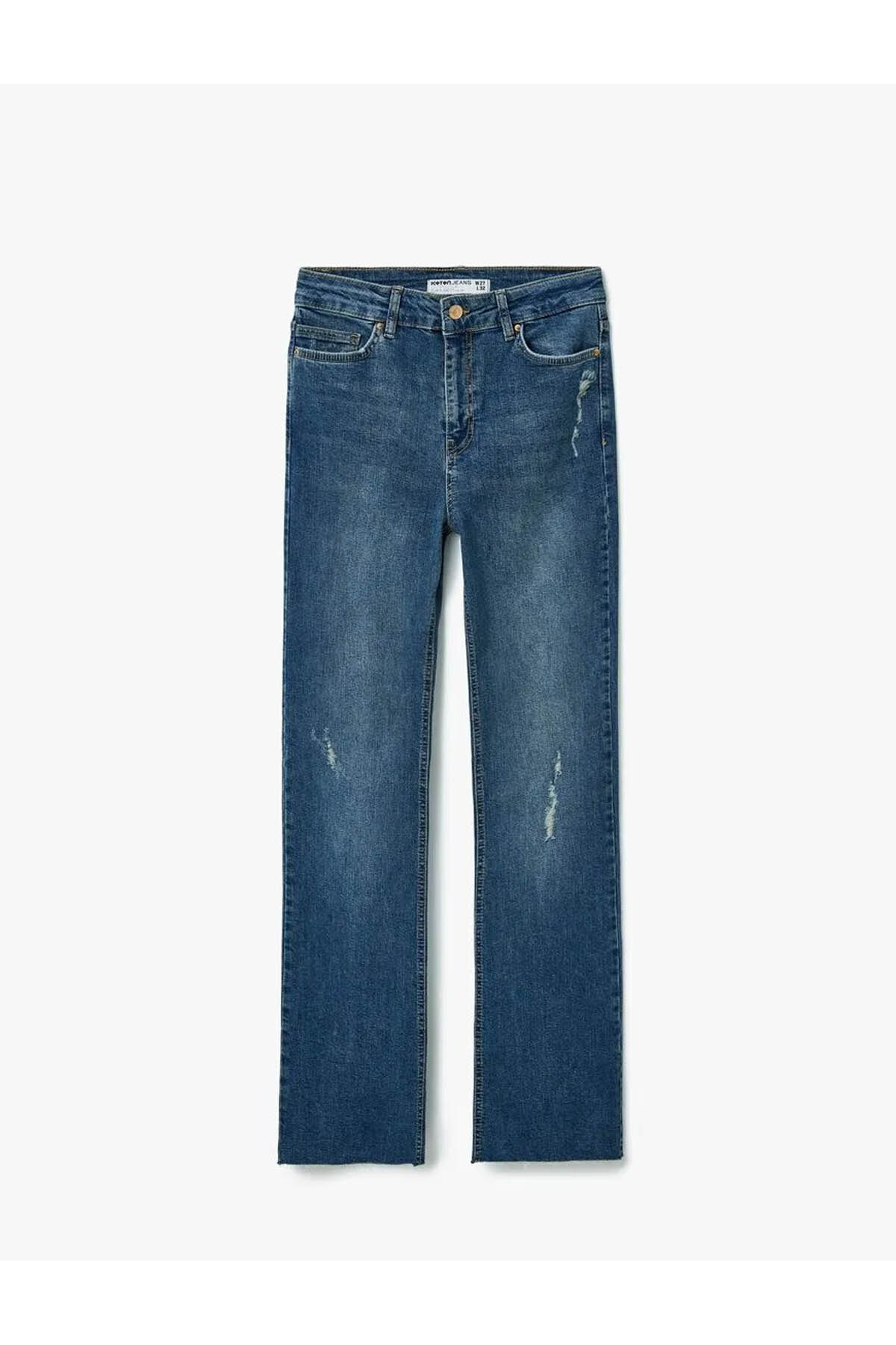 Yüksek Bel Slim Fit Yıpratılmış İspanyol Paça Denim Pantolon -  Flare Jeans