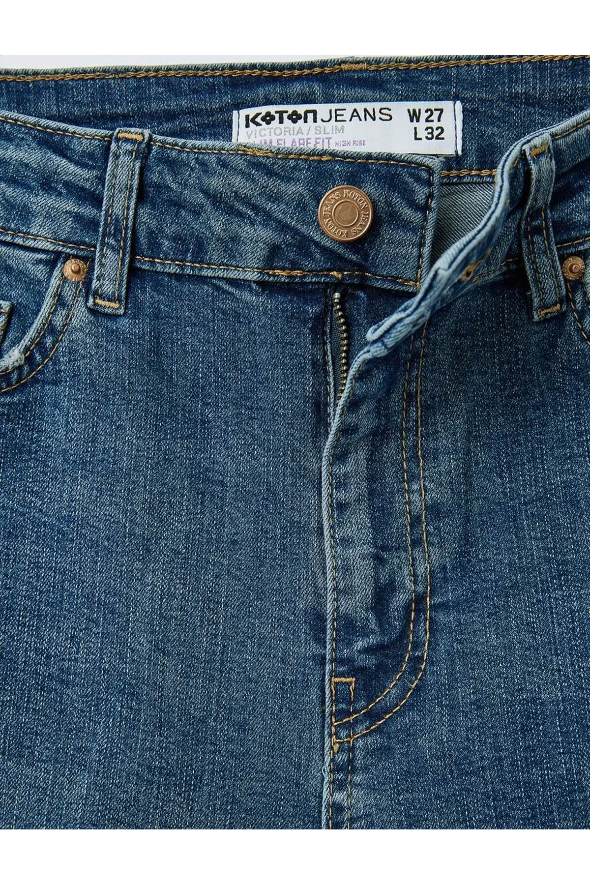 Yüksek Bel Slim Fit Yıpratılmış İspanyol Paça Denim Pantolon -  Flare Jeans