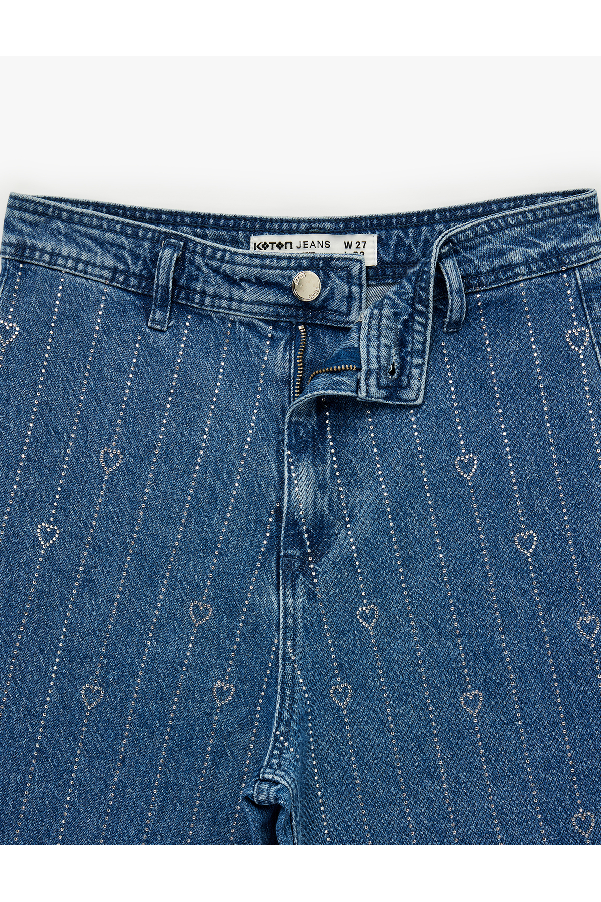 Yüksek Bel Taş Detaylı Kalpli Kısa Geniş Paça Denim Pantolon - Culotte Jeans