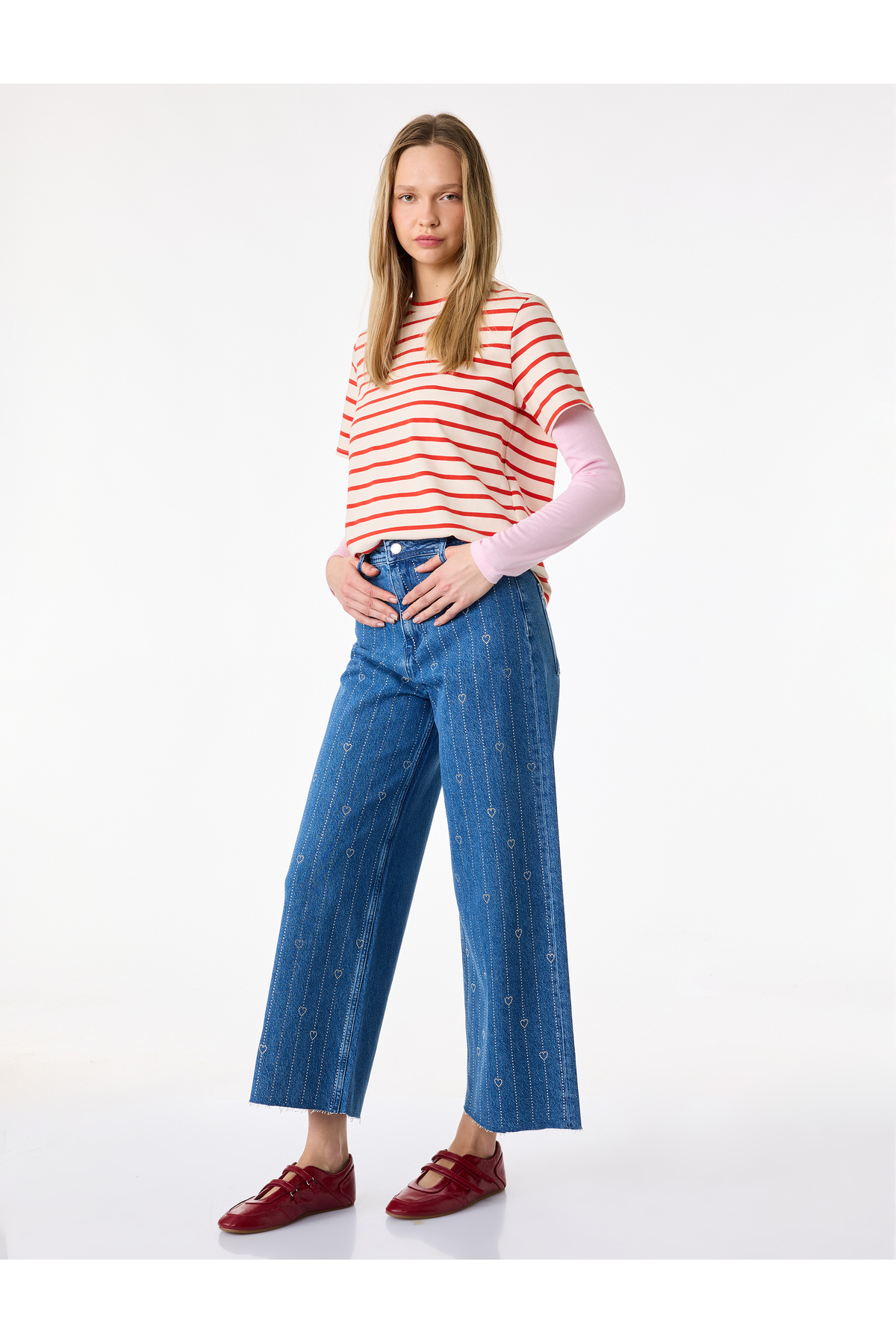 Yüksek Bel Taş Detaylı Kalpli Kısa Geniş Paça Denim Pantolon - Culotte Jeans
