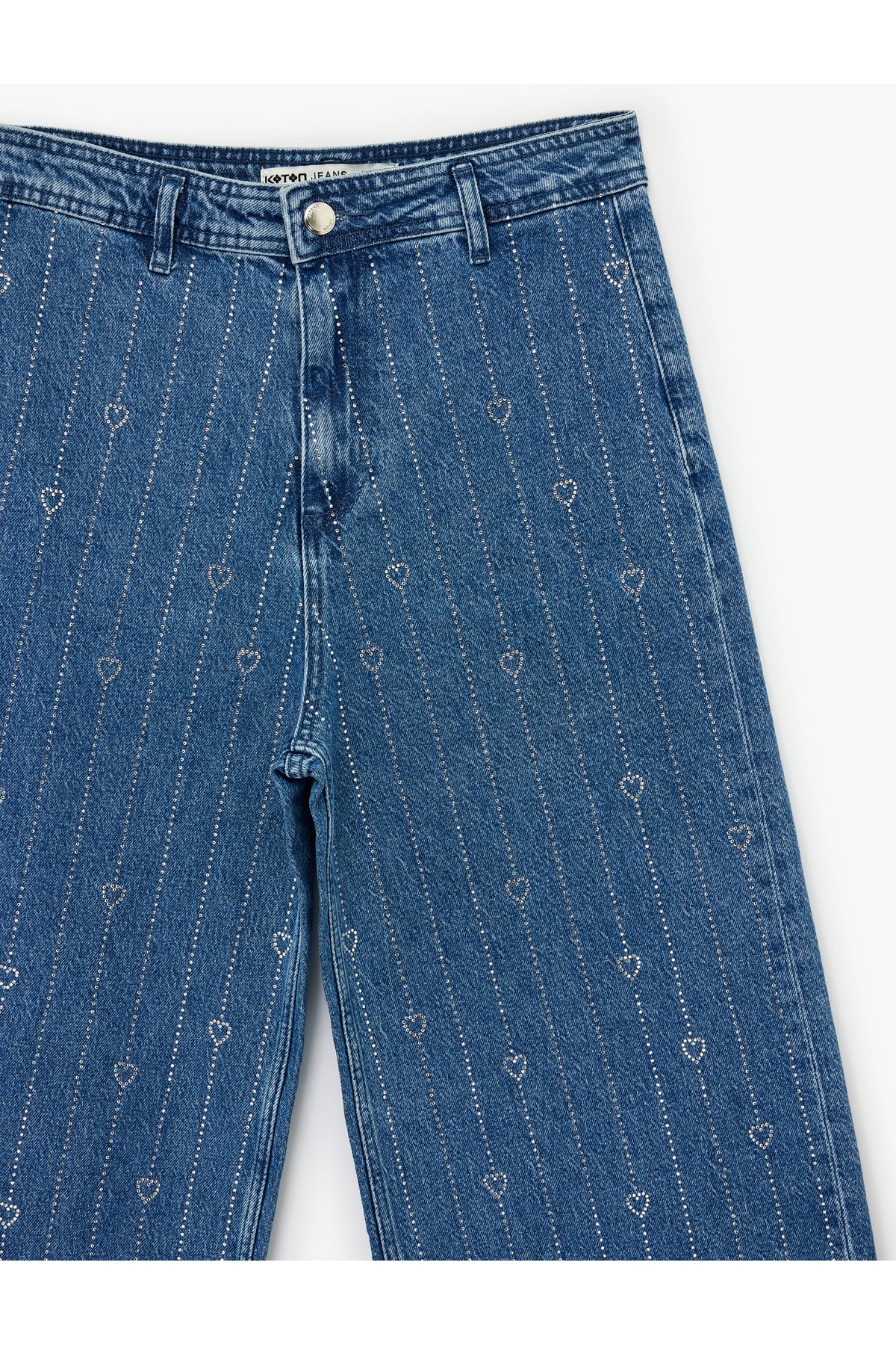 Yüksek Bel Taş Detaylı Kalpli Kısa Geniş Paça Denim Pantolon - Culotte Jeans