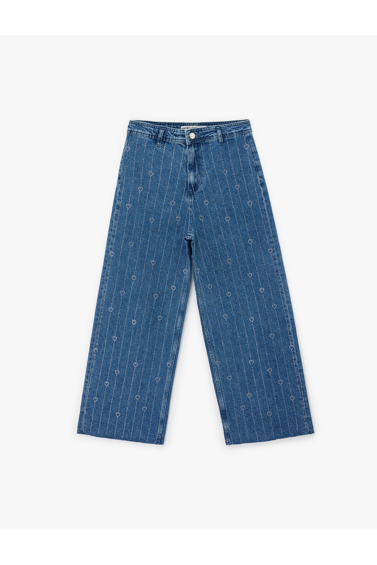 Yüksek Bel Taş Detaylı Kalpli Kısa Geniş Paça Denim Pantolon - Culotte Jeans