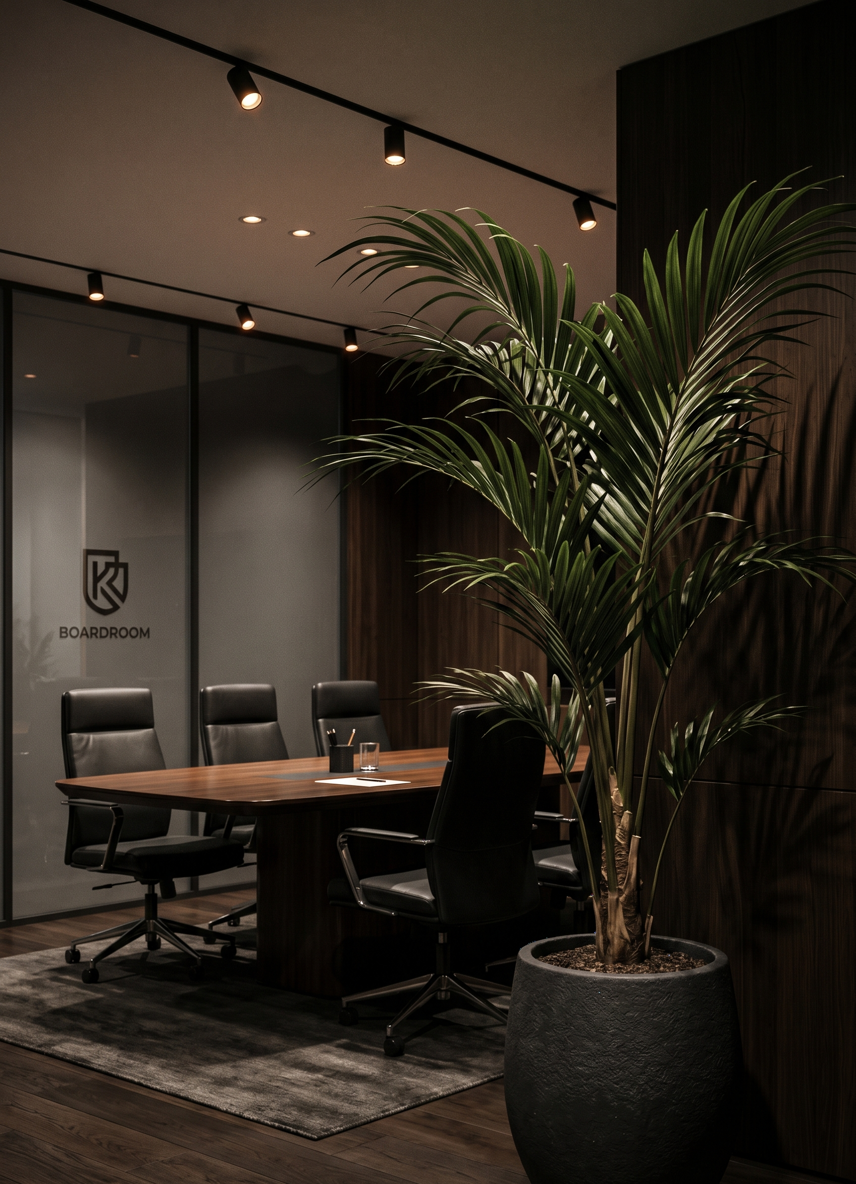 Cam bölmeli lüks toplantı odasında köşe vurgusu yapan asil Kentia Palmiyesi.