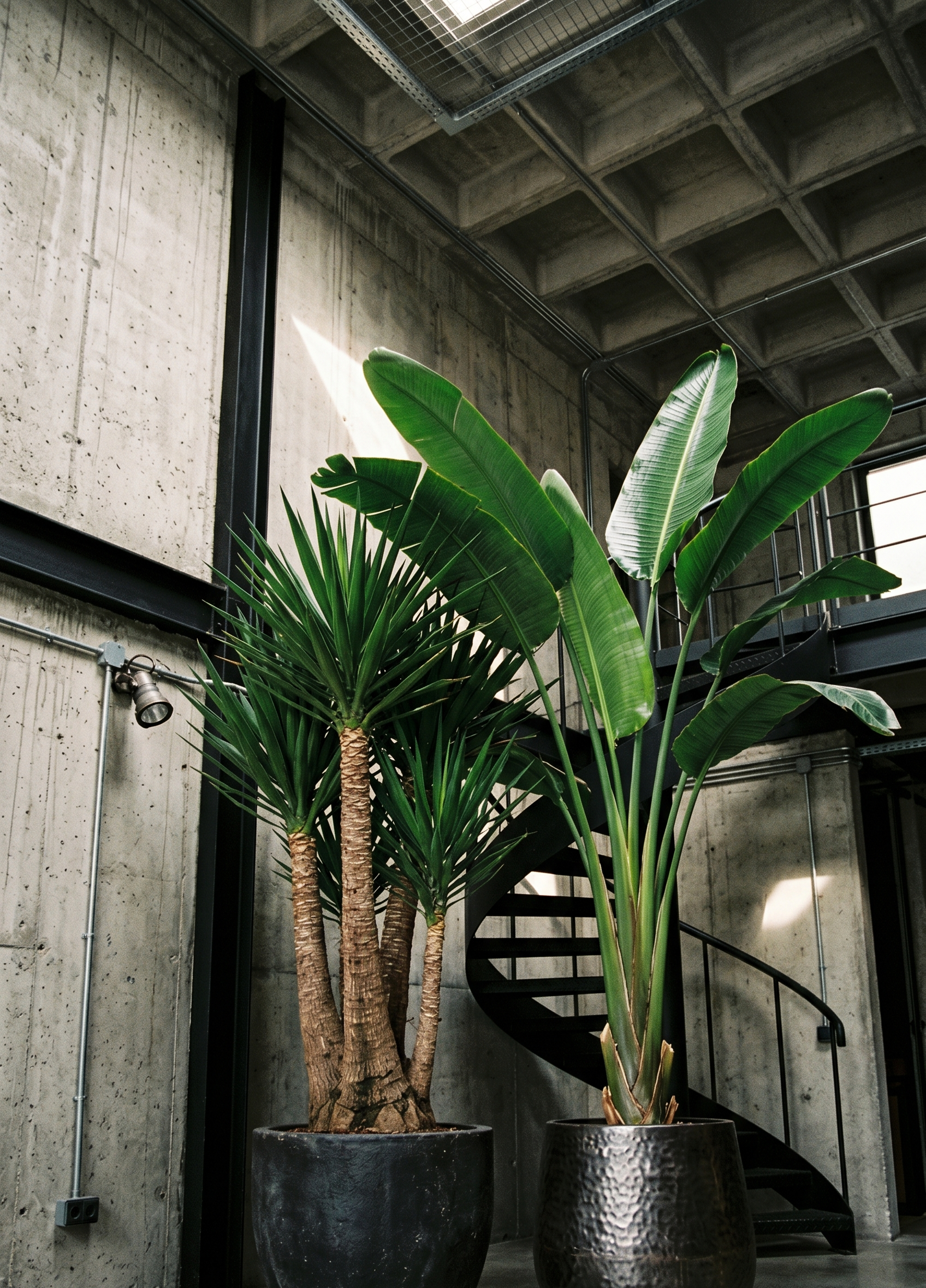 Endüstriyel loft tasarımlarda tavan yüksekliğini vurgulayan heykelsi Yuka ve dev Starliçe bitkileri.