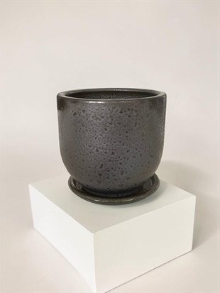 Dekoratif Çift Sırlı Seramik Saksı Antrasit Gri Renk Desenli