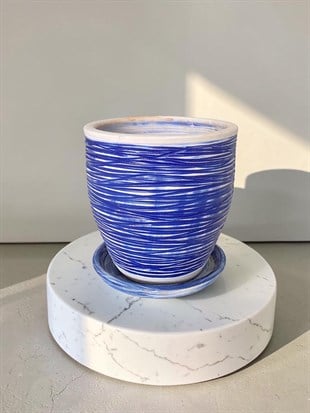 Dekoratif Çift Sırlı Seramik Saksı Mavi Renk Çizgi Desenli