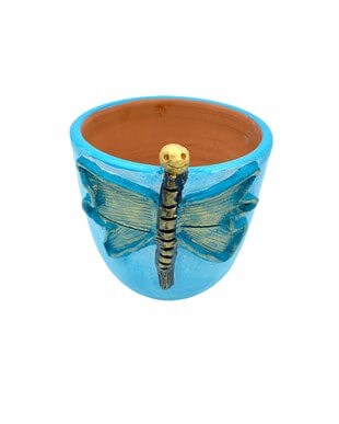 Kelebek Desenli El Yapımı Seramik Mavi Saksı
