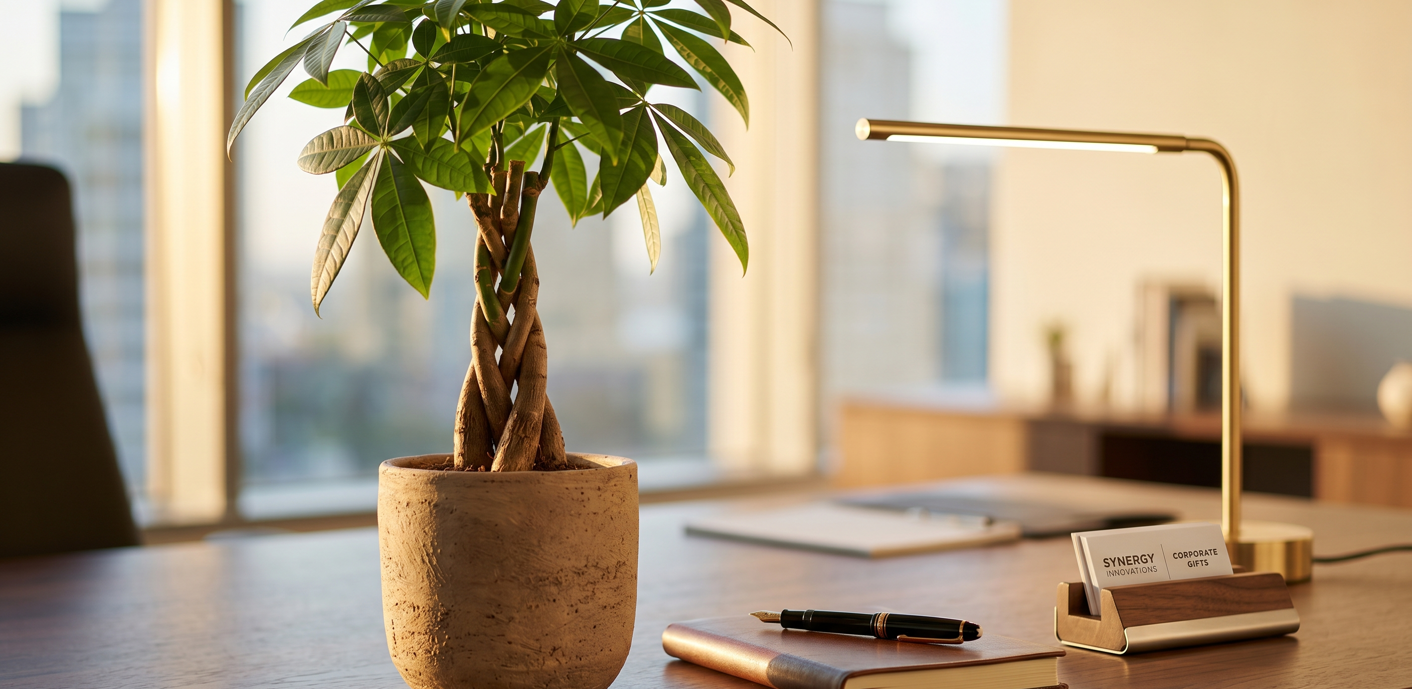 Kurumsal hediye büyük bitki konseptini vurgulayan, şık yönetici masasında duran örgülü Pachira (Para Ağacı).