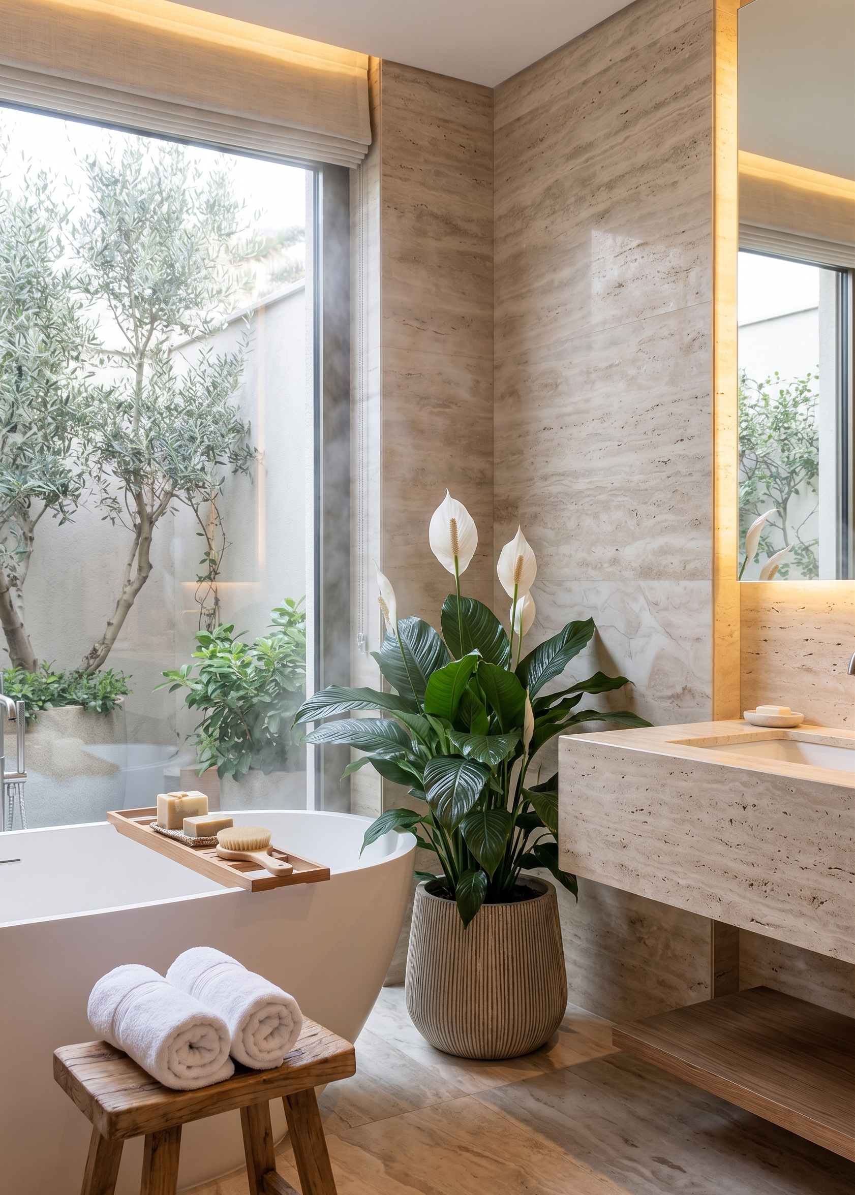 Lüks banyo ve spa dekorasyonunda rutubeti dengeleyen beyaz çiçekli Yelken Çiçeği (Spatifilyum).