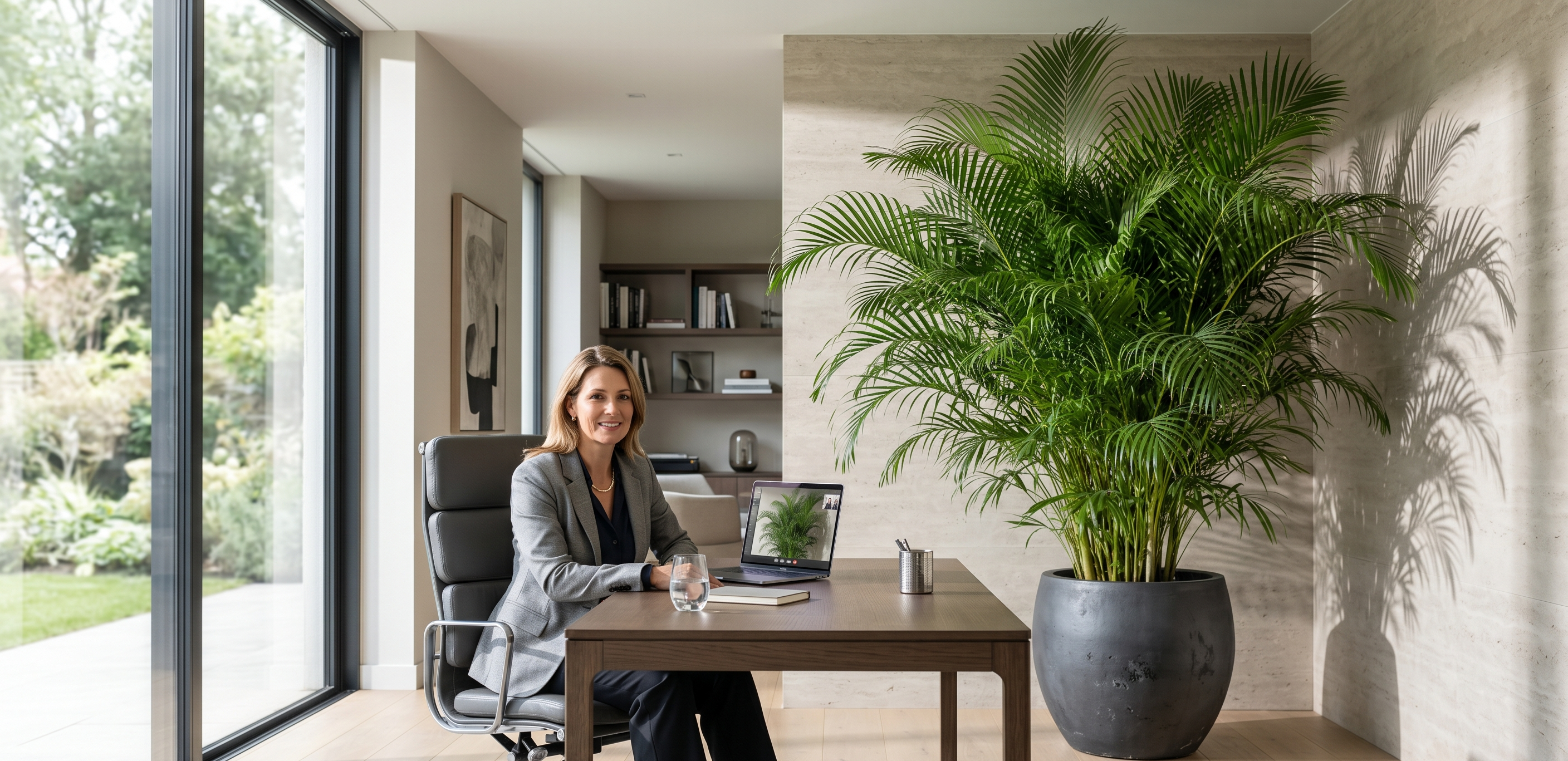 Lüks home-office çalışma alanında video konferans için prestijli arka plan oluşturan dev Areka Palmiyesi dekorasyonu.