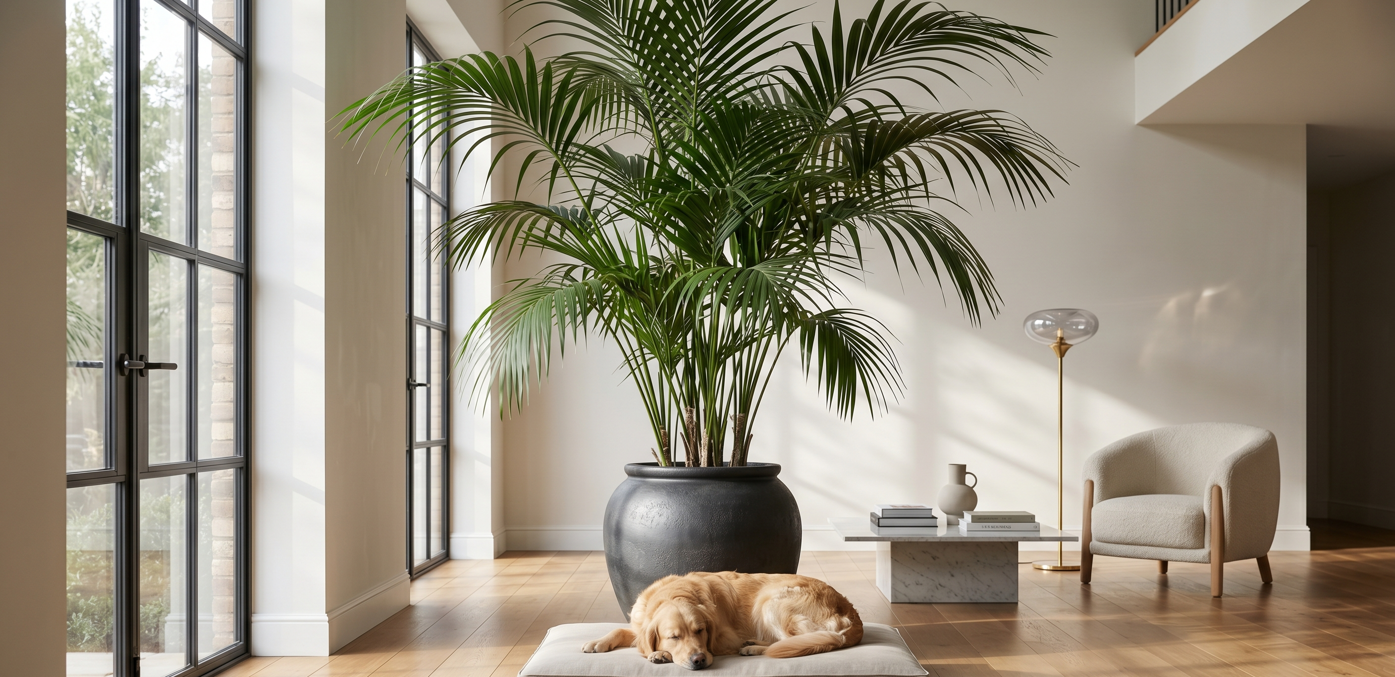 Lüks salon dekorasyonunda evcil hayvan dostu dev Areka Palmiyesi kullanımı.