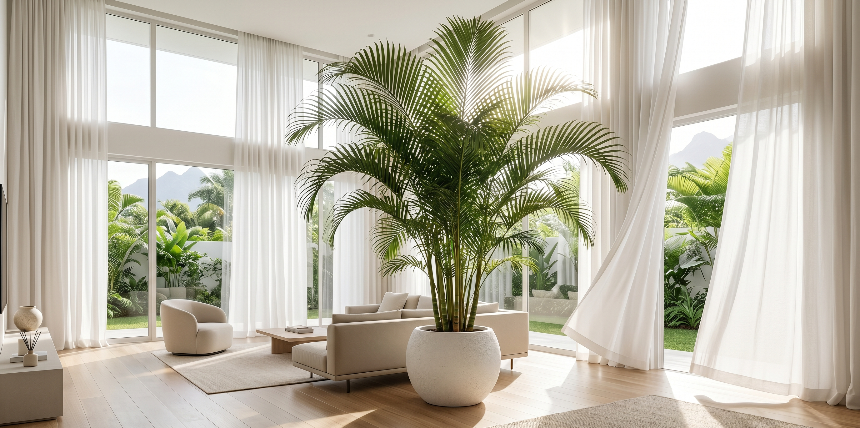 Lüks ve ferah yaşam alanlarında doğal klima görevi gören dev Areka Palmiyesi dekorasyonu.