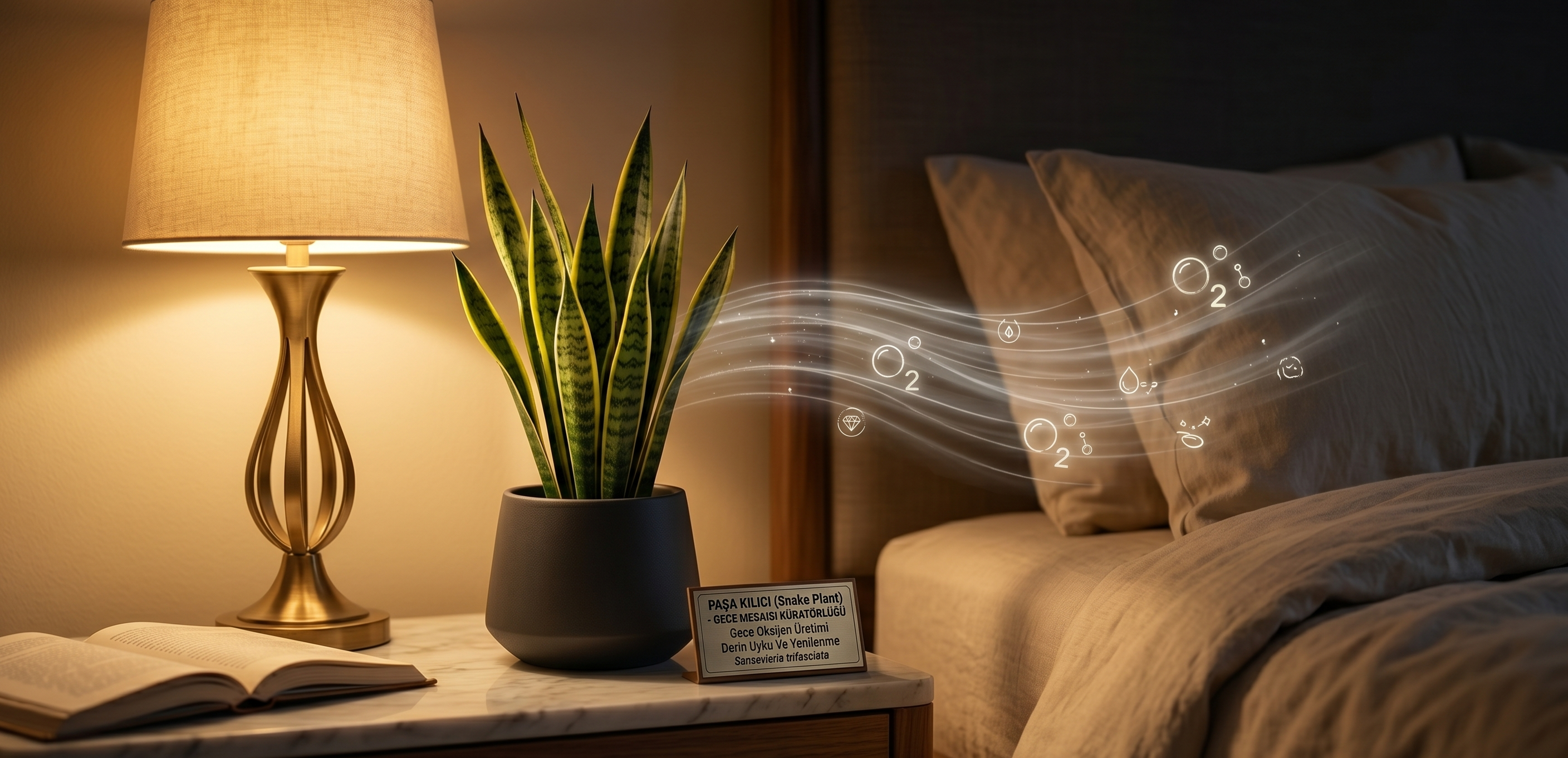 Lüks yatak odası dekorasyonunda gece oksijen üreten Paşa Kılıcı (Sansevieria) bitkisi.