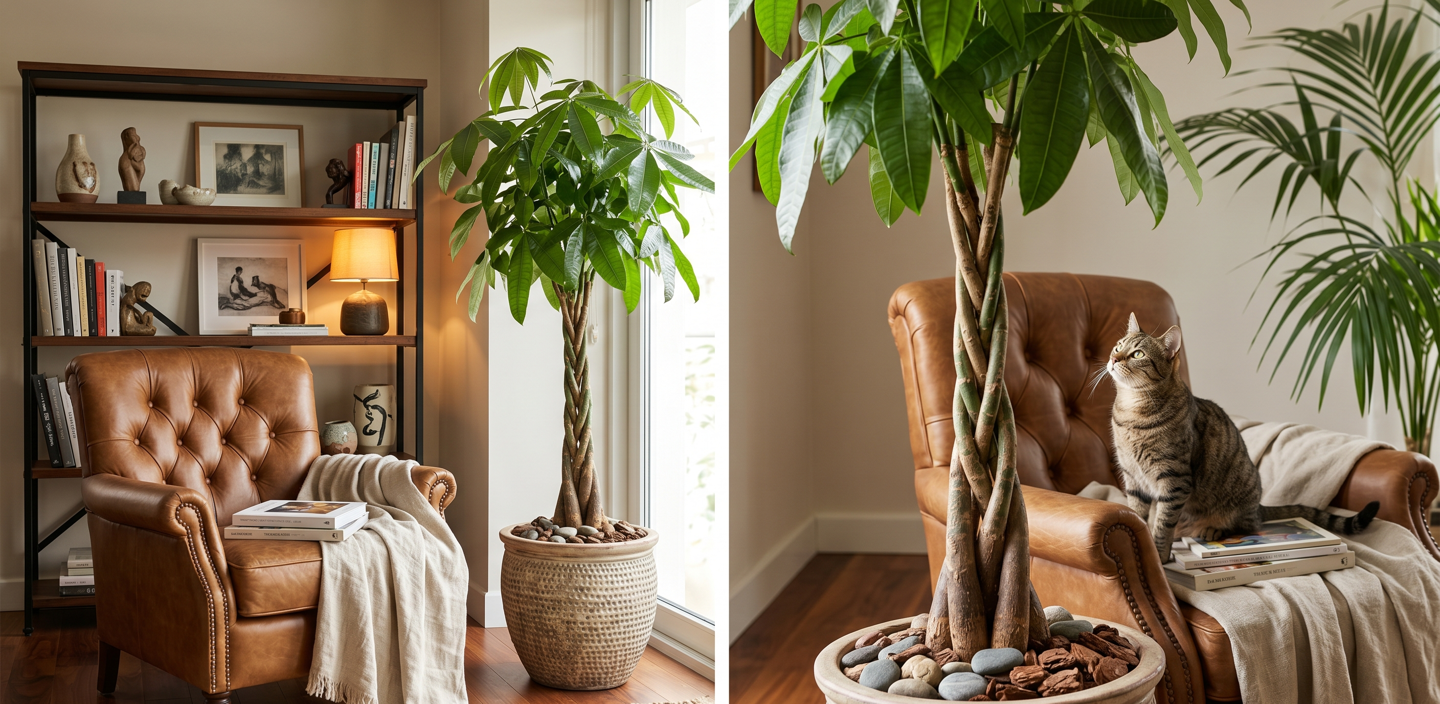 Örgülü gövdesiyle Pachira (Para Ağacı) ve güvenli okuma köşesi tasarımı.